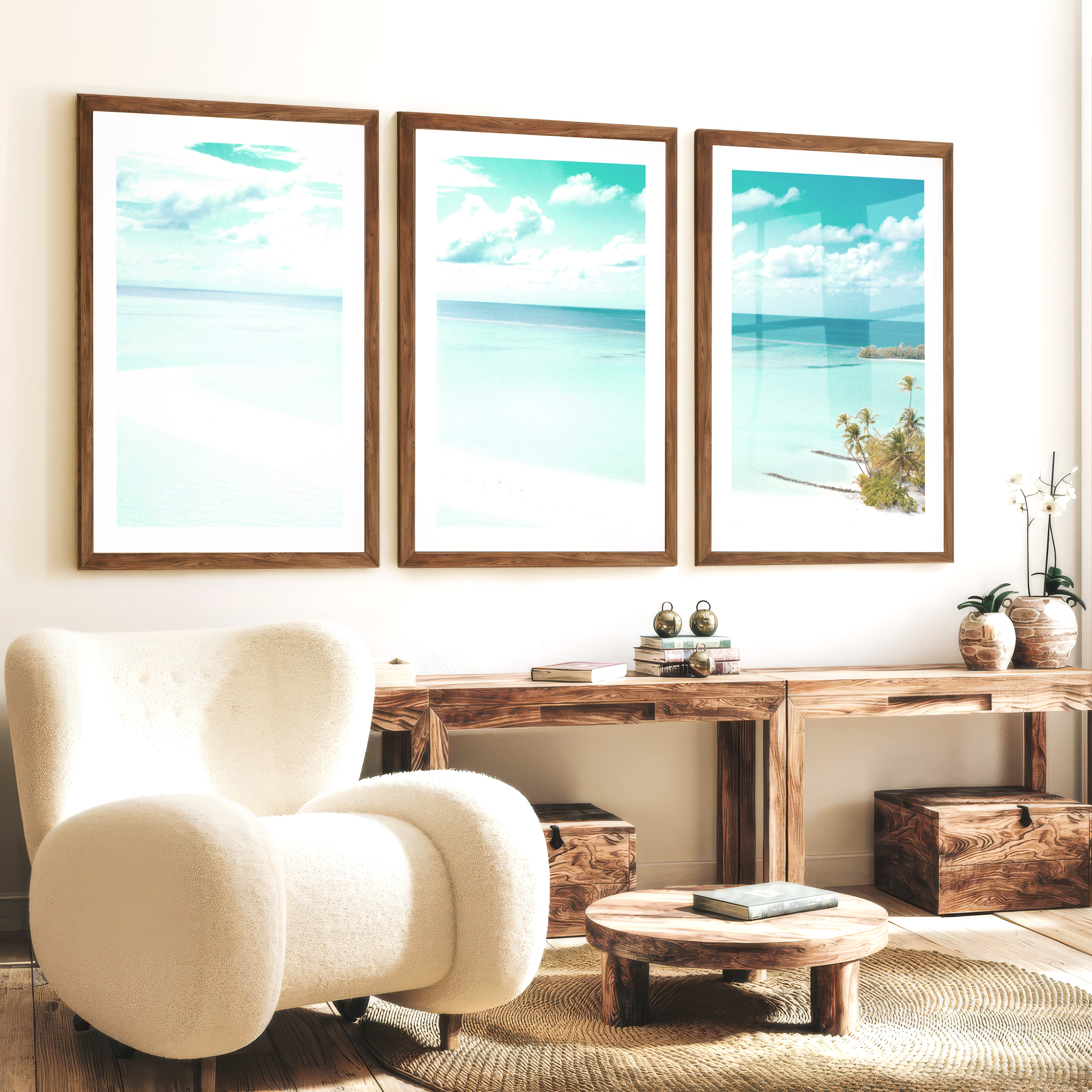 Turquoise Sandbar sea wall art - Dark Brown Framed Poster with White Border - Artworksets