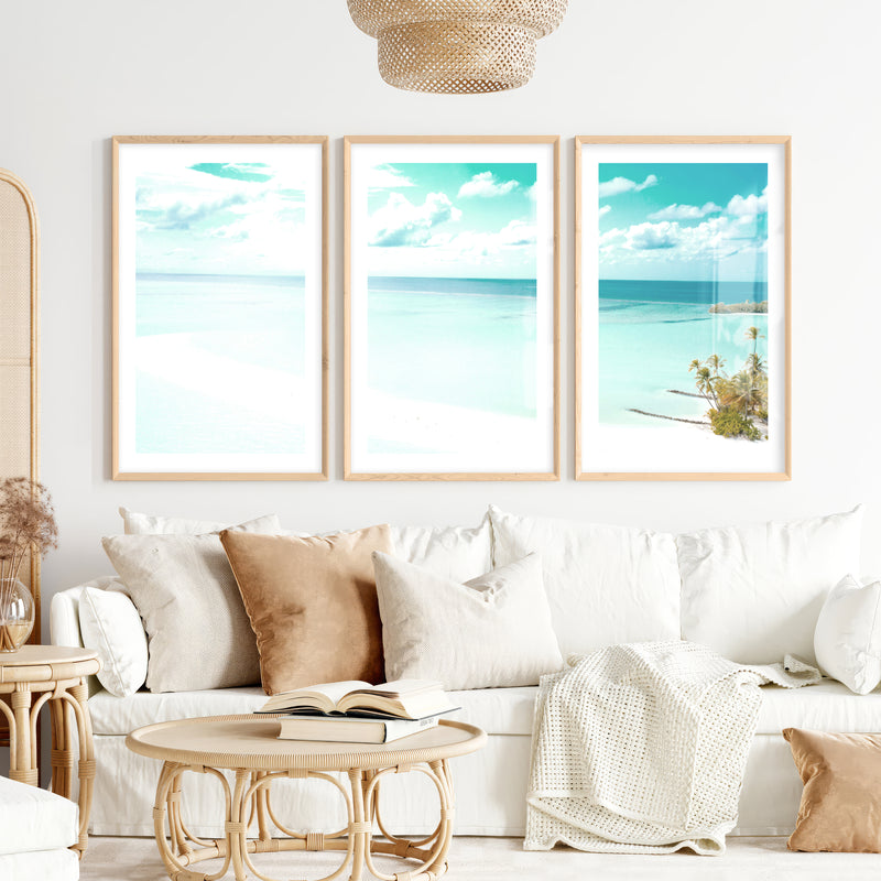 Turquoise Sandbar sea wall art- Natural Wood Framed Poster with White Border - Artworksets