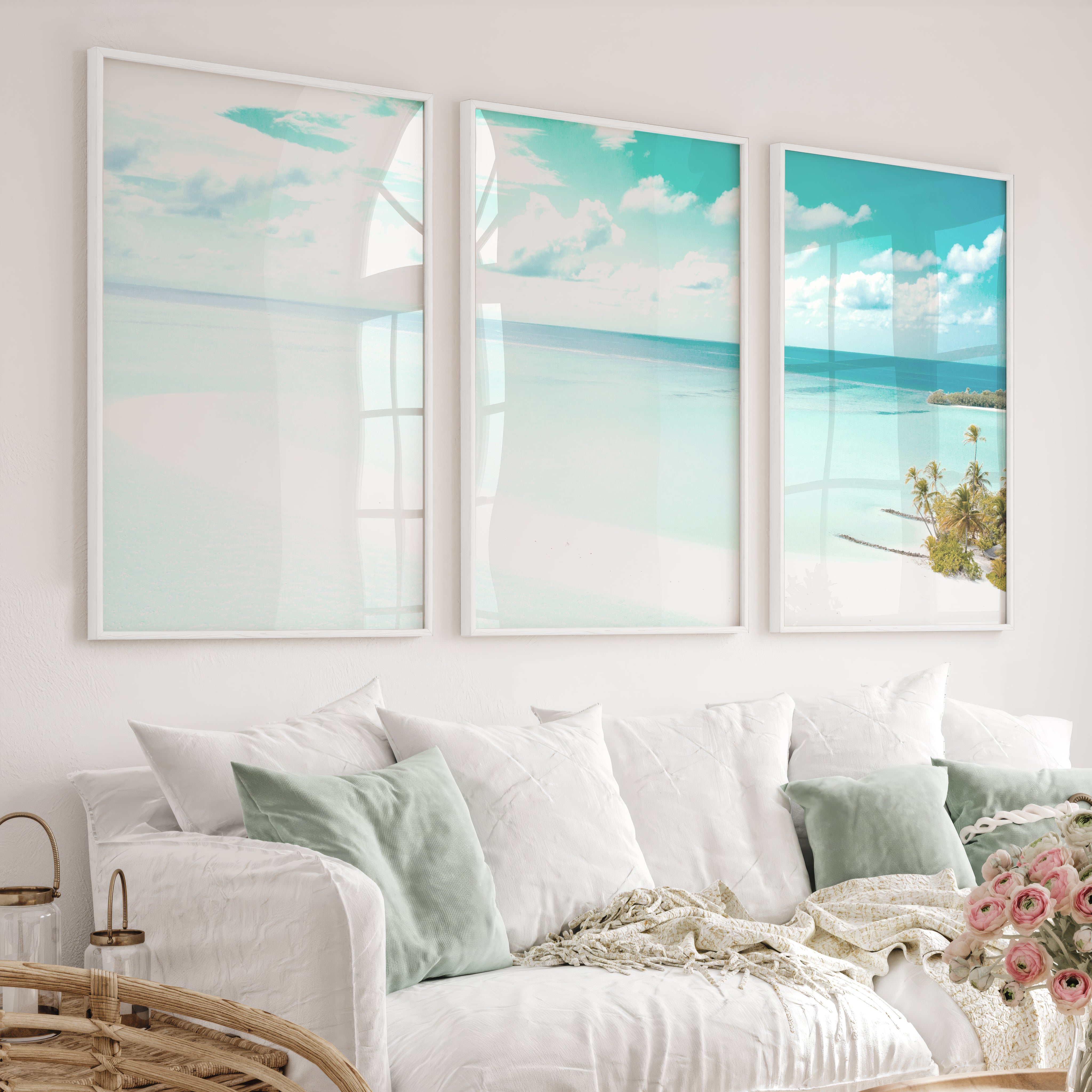 Turquoise Sandbar sea wall art - White Framed Poster No Border - Artworksets
