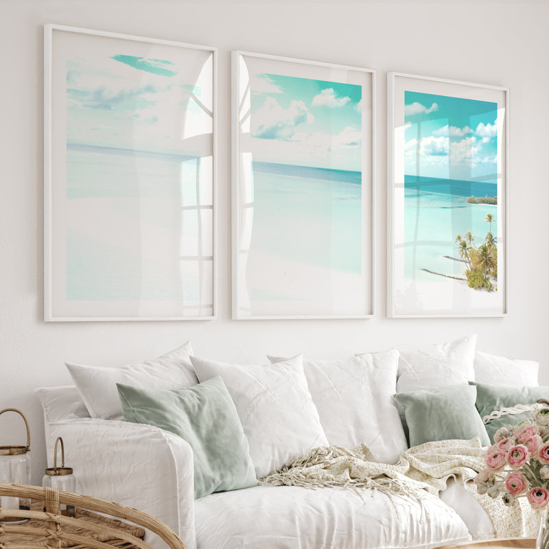 Turquoise Sandbar sea wall art - White Framed Poster with White Border - Artworksets