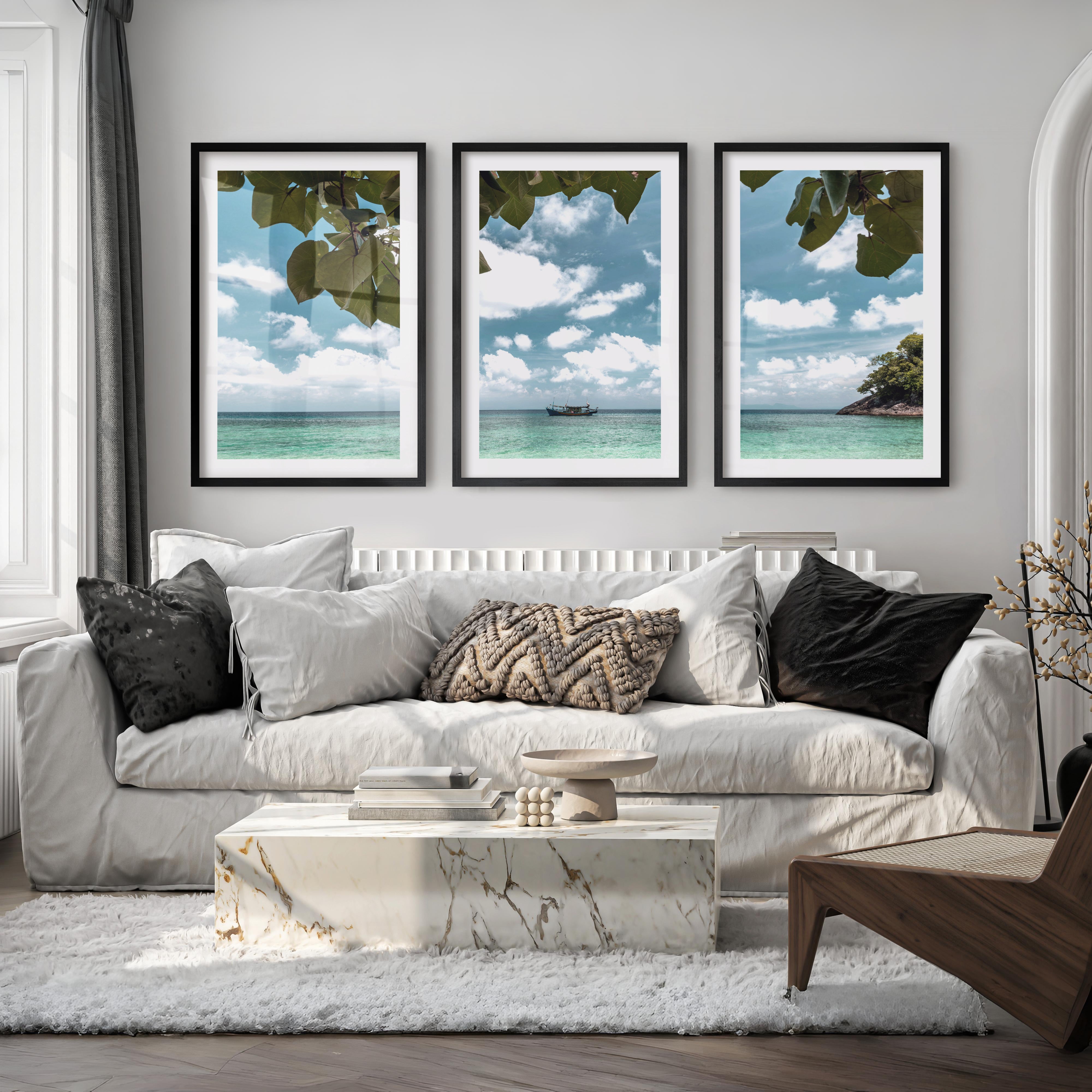 Island Boat sea wall print - Black Framed Poster with White Border - Artworksets