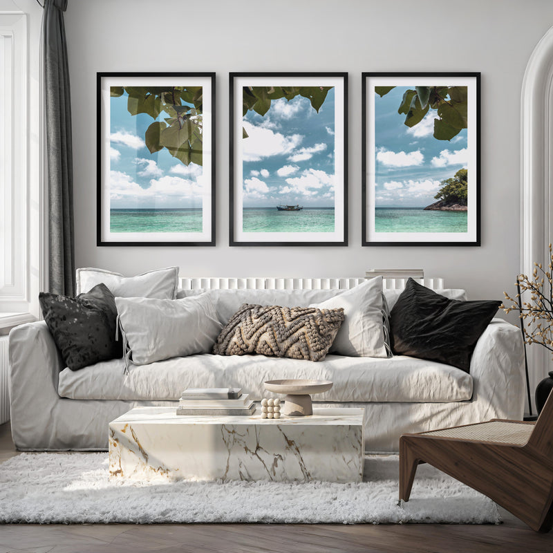 Island Boat sea wall print - Black Framed Poster with White Border - Artworksets
