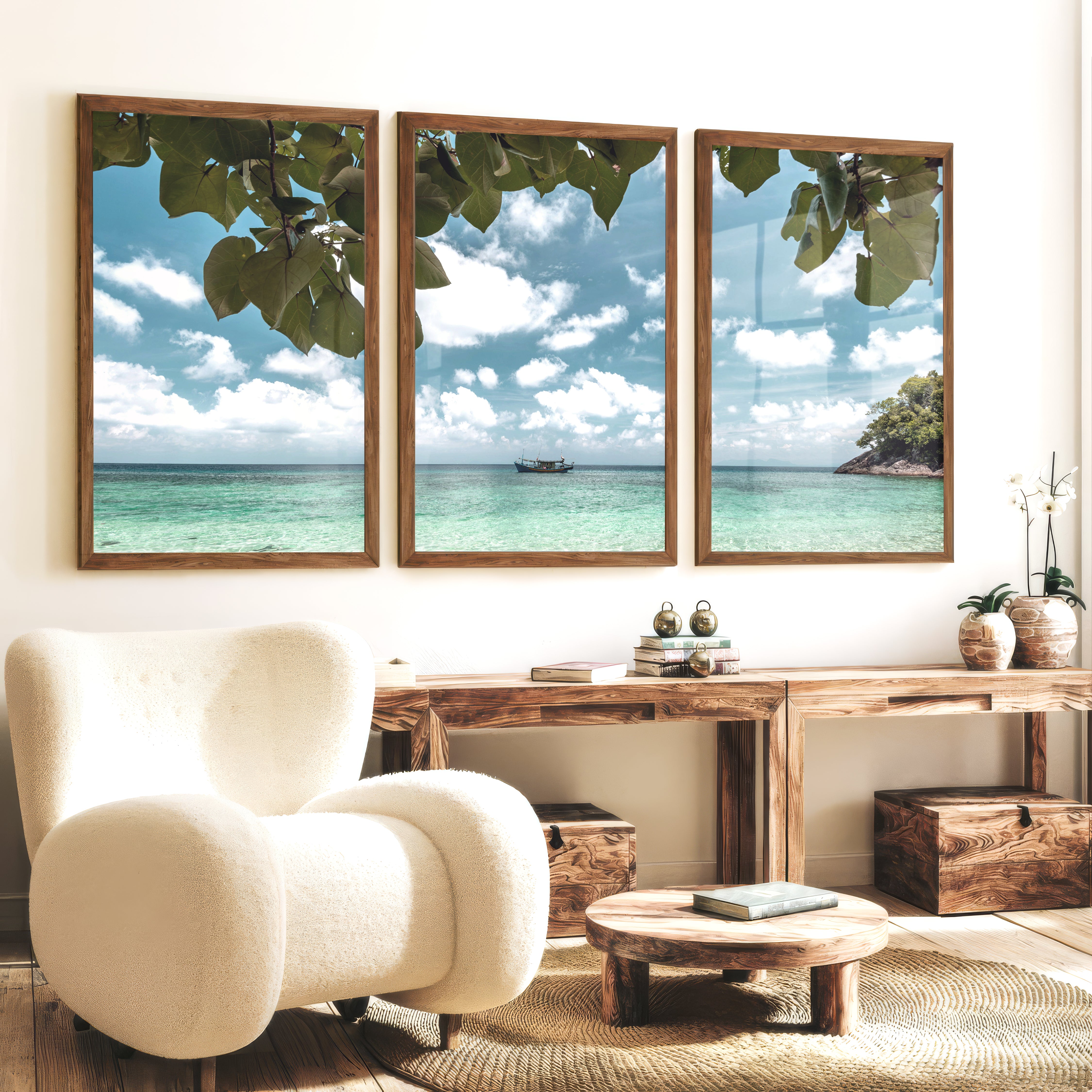 Island Boat sea wall print - Dark Brown Framed Poster No Border - Artworksets