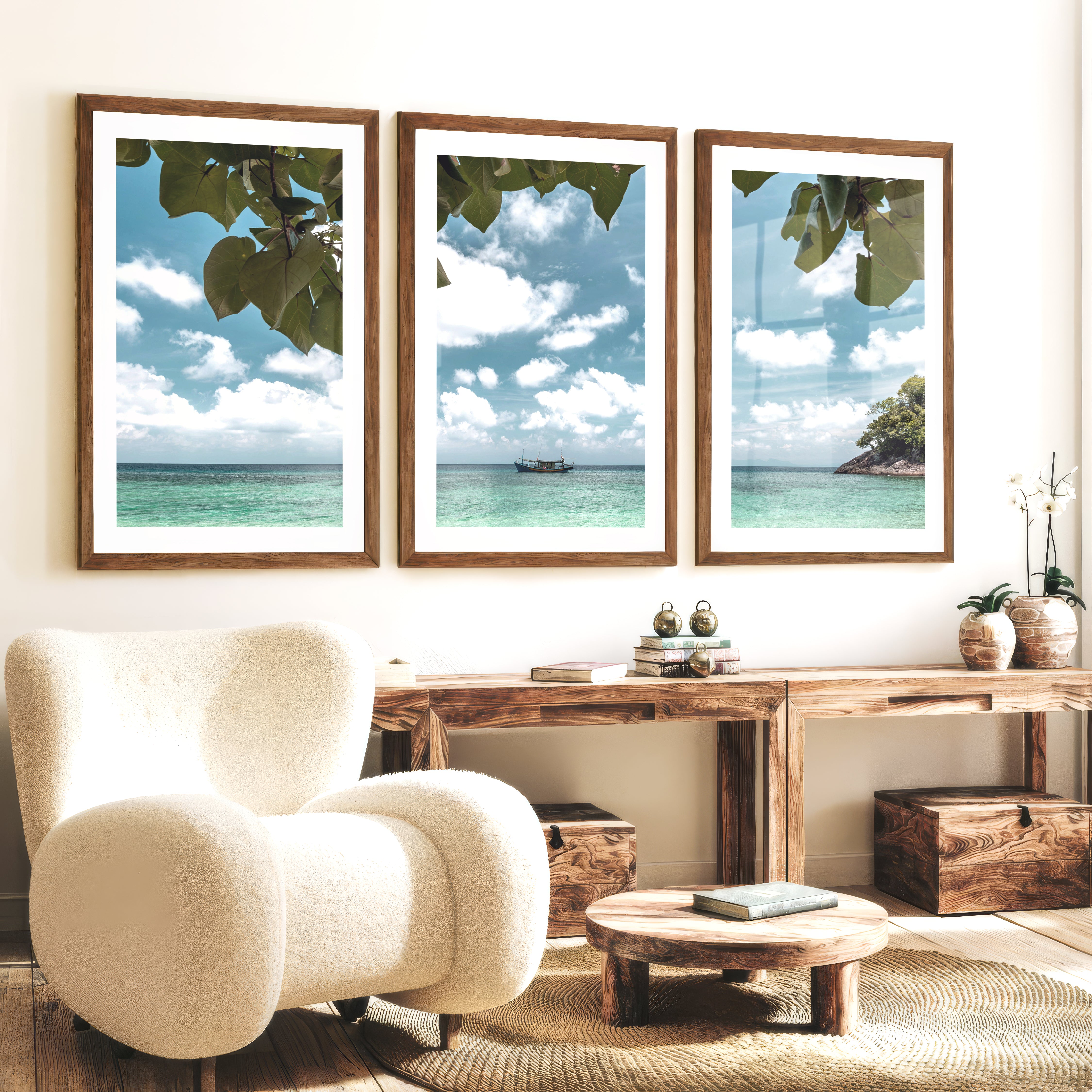 Island Boat sea wall print - Dark Brown Framed Poster with White Border - Artworksets