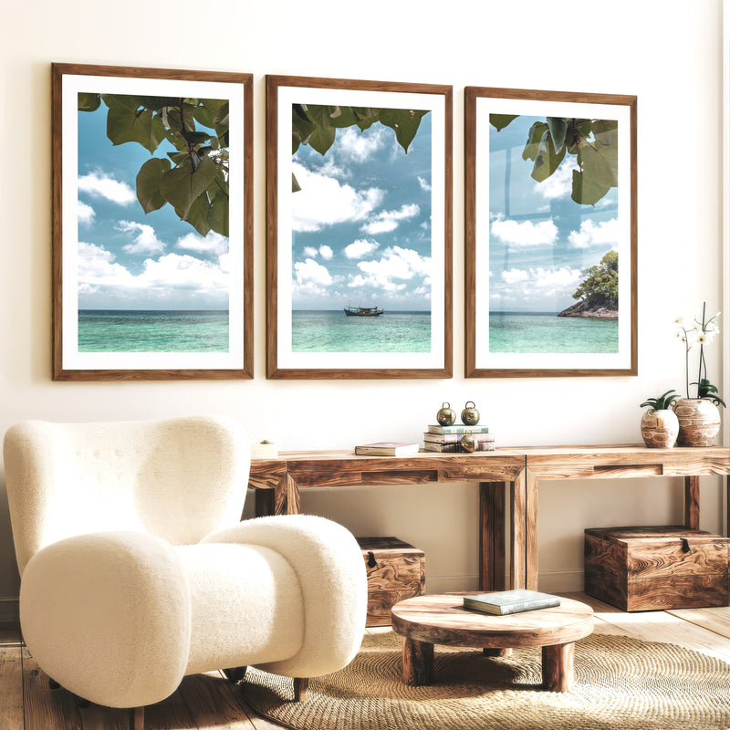 Island Boat sea wall print - Dark Brown Framed Poster with White Border - Artworksets