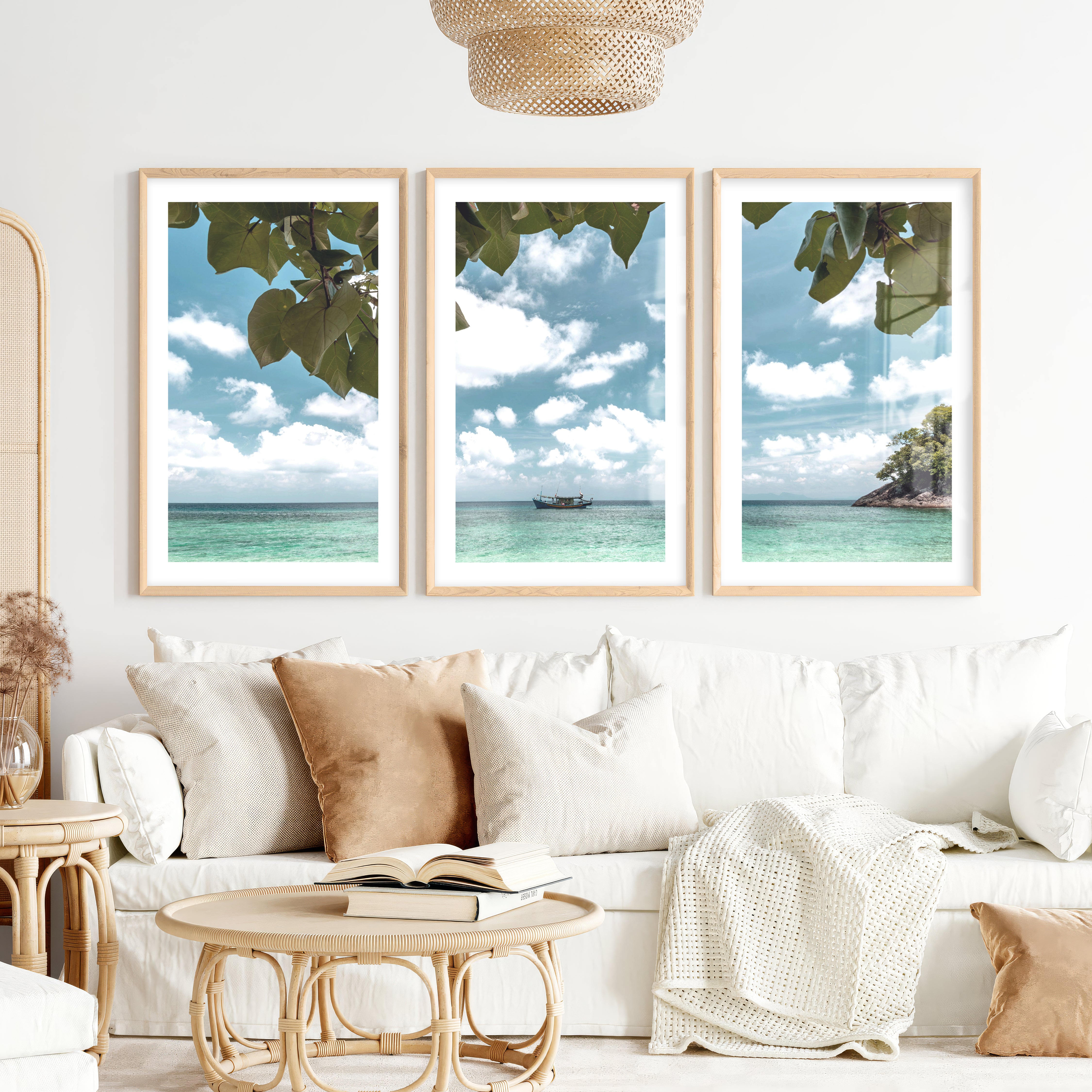 Island Boat sea wall print- Natural Wood Framed Poster with White Border - Artworksets