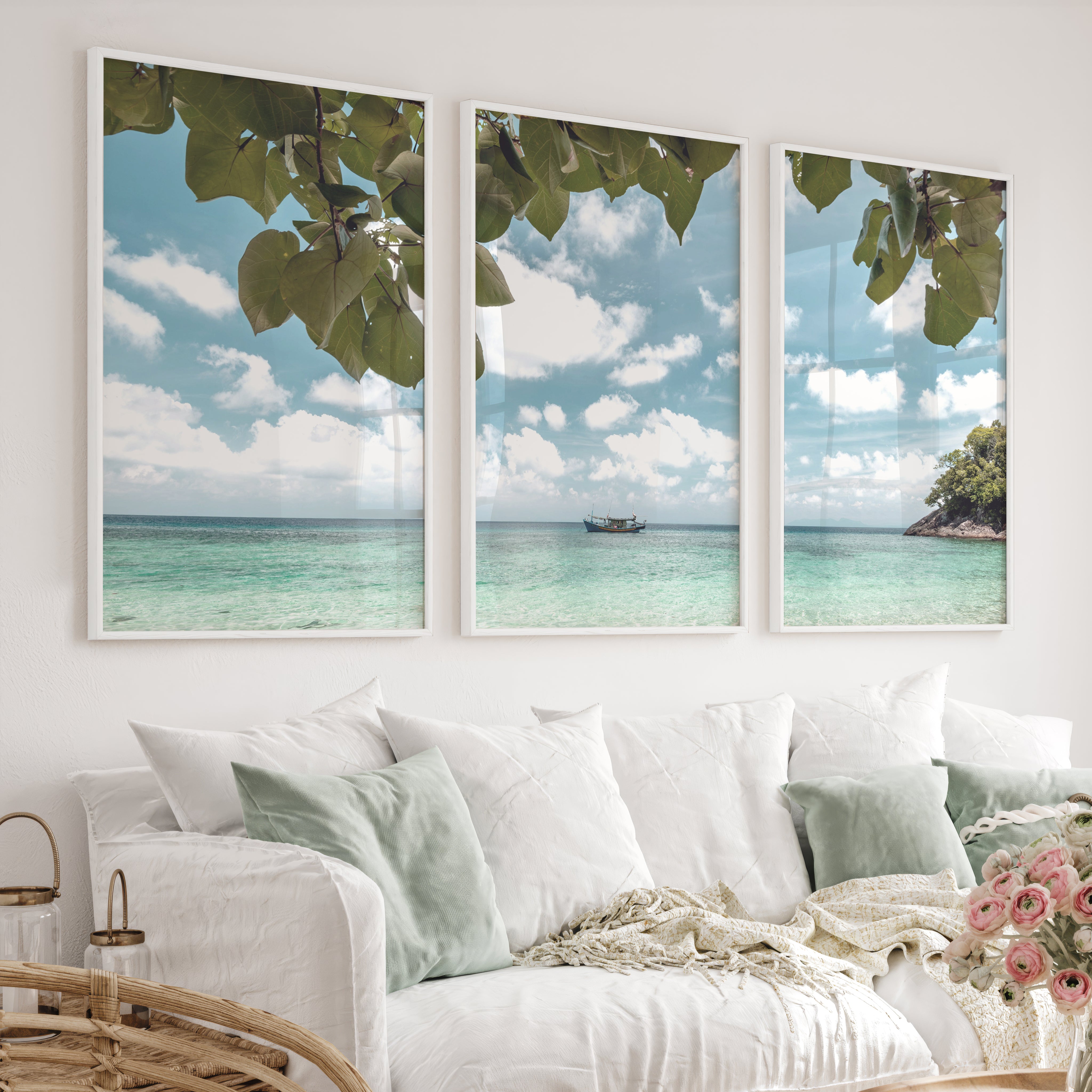 Island Boat sea wall print - White Framed Poster No Border - Artworksets