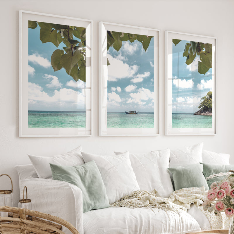 Island Boat sea wall print - White Framed Poster with White Border - Artworksets