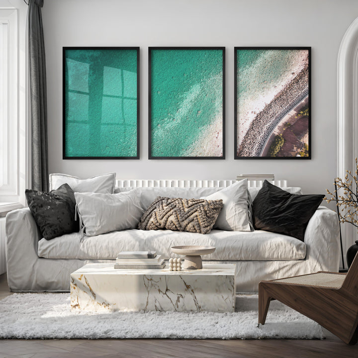 Turquoise Coast sea wall decor with Stone Shoreline - Black Framed Poster No Border - Artworksets