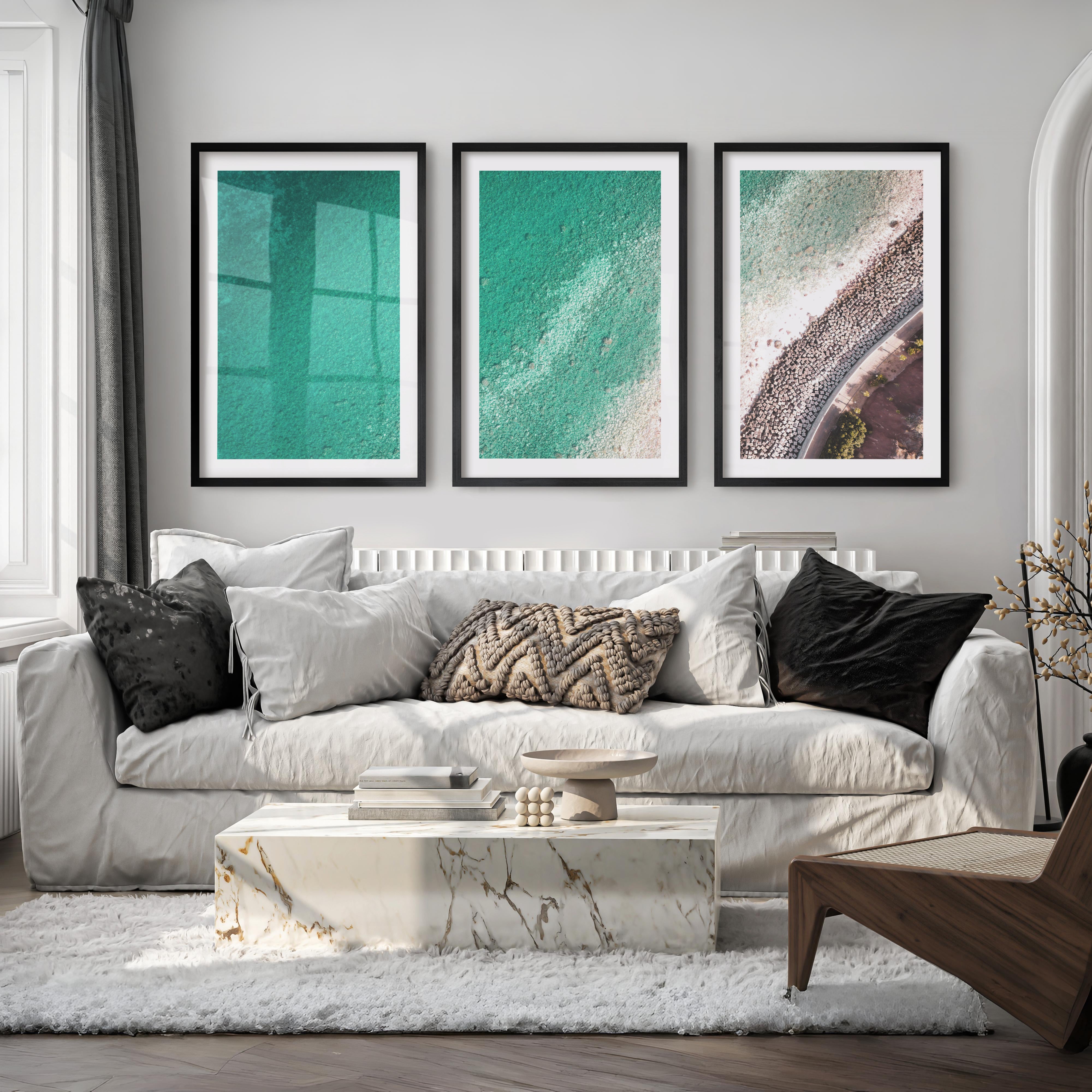 Turquoise Coast sea wall decor with Stone Shoreline - Black Framed Poster with White Border - Artworksets