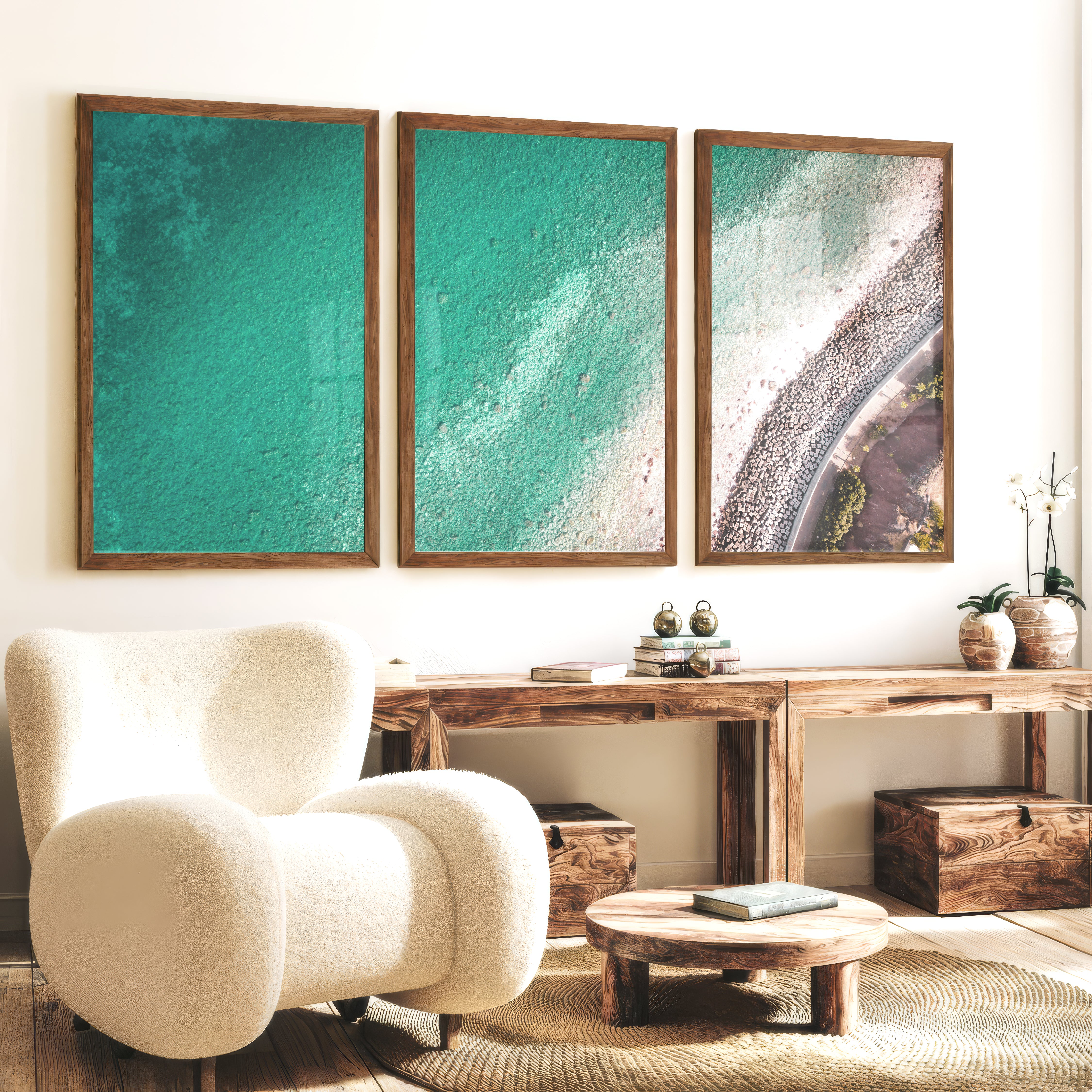 Turquoise Coast sea wall decor with Stone Shoreline - Dark Brown Framed Poster No Border - Artworksets
