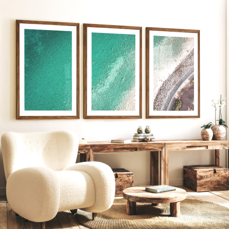 Turquoise Coast sea wall decor with Stone Shoreline - Dark Brown Framed Poster with White Border - Artworksets