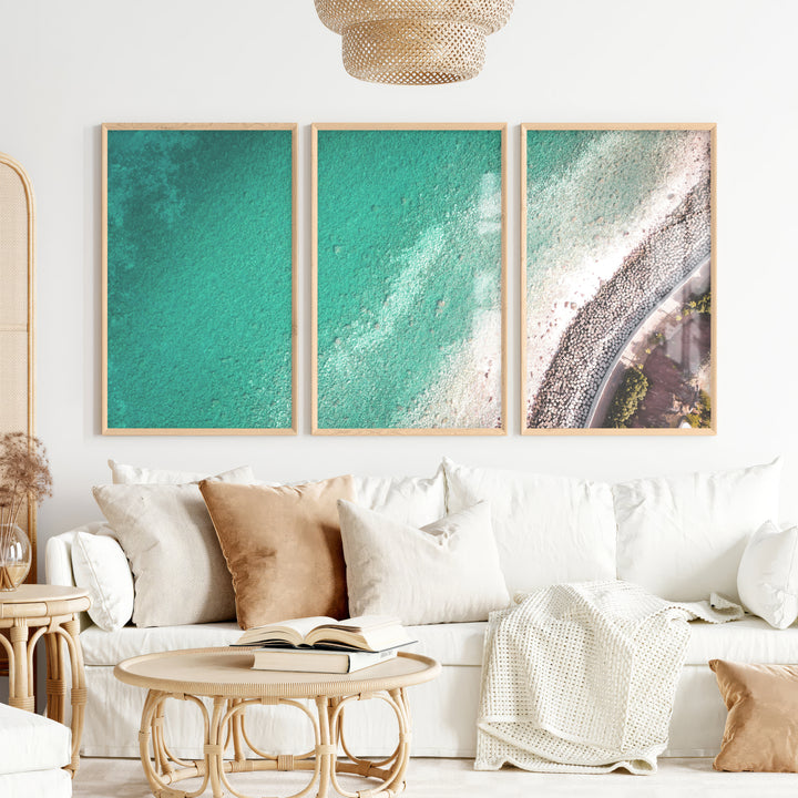 Turquoise Coast sea wall decor with Stone Shoreline - Natural Wood Framed Poster No Border - Artworksets