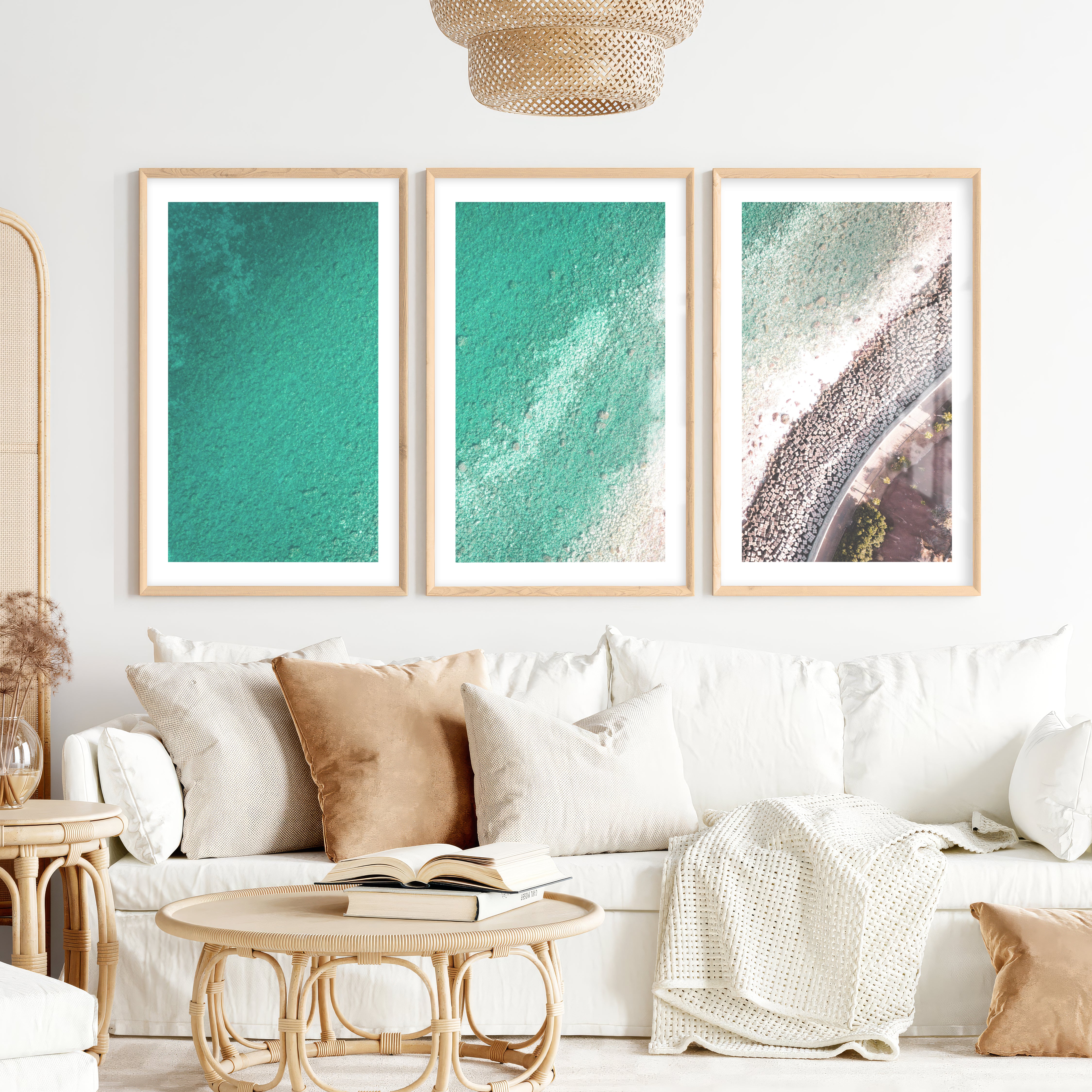 Turquoise Coast sea wall decor with Stone Shoreline- Natural Wood Framed Poster with White Border - Artworksets