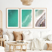 Turquoise Coast sea wall decor with Stone Shoreline- Natural Wood Framed Poster with White Border - Artworksets