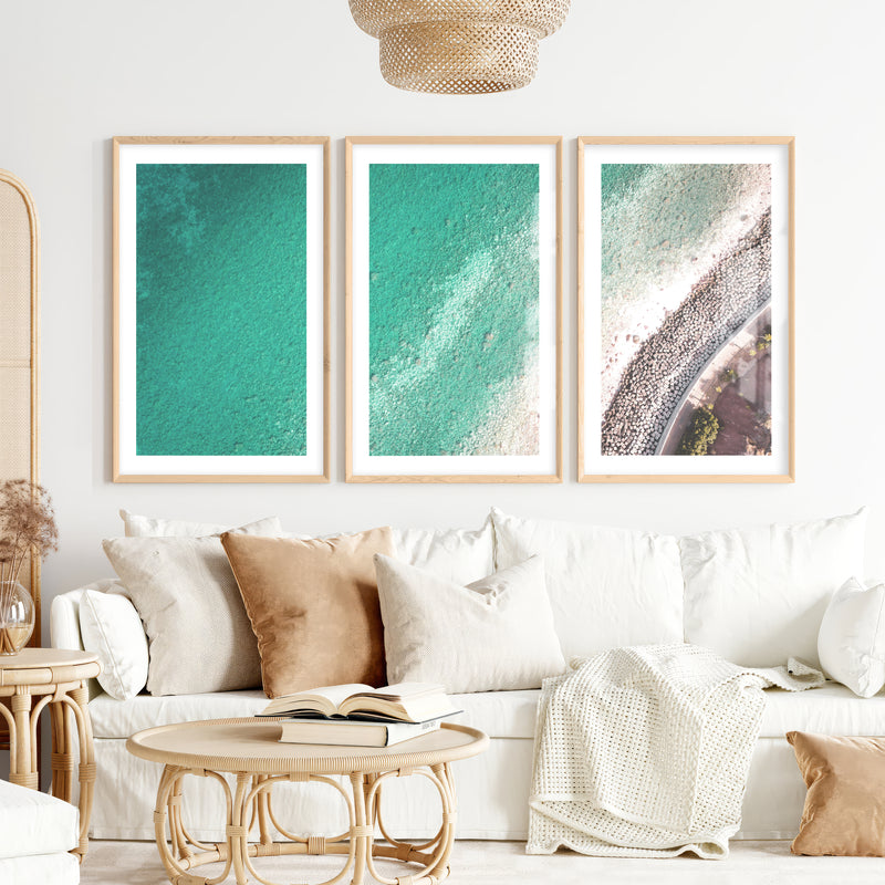Turquoise Coast sea wall decor with Stone Shoreline- Natural Wood Framed Poster with White Border - Artworksets