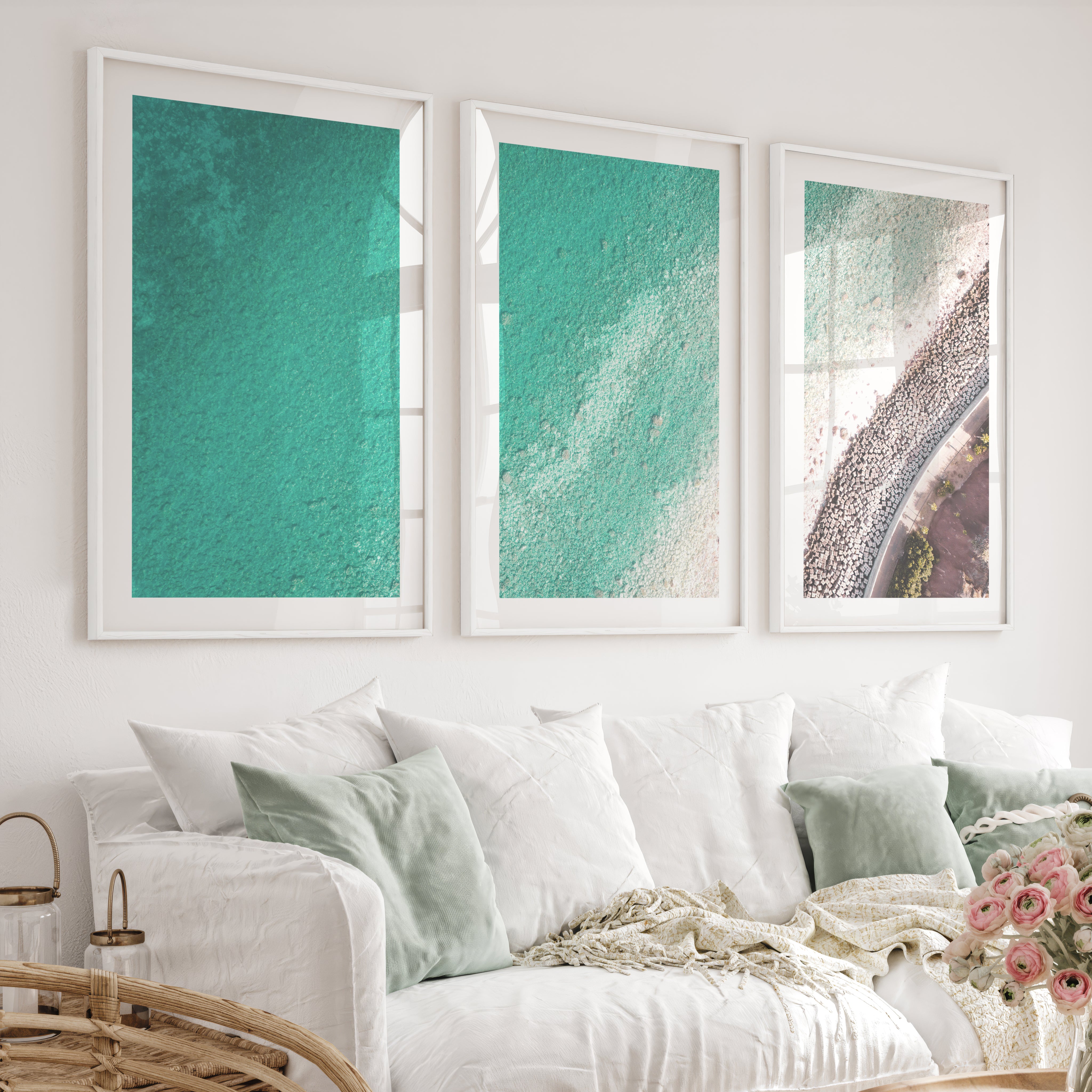 Turquoise Coast sea wall decor with Stone Shoreline - White Framed Poster with White Border - Artworksets