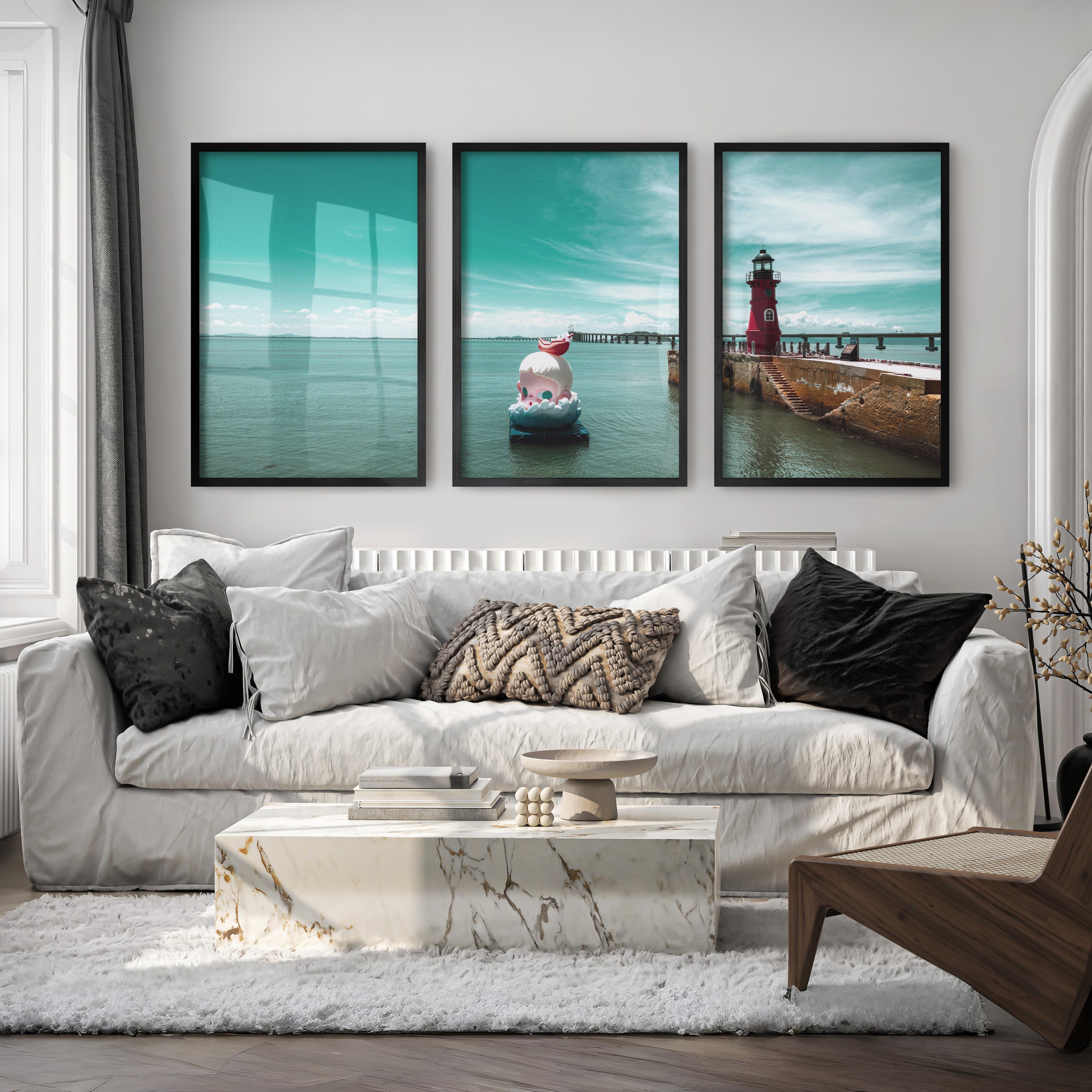 Red Lighthouse sea wall pictures on Calm Harbor Water - Black Framed Poster No Border - Artworksets
