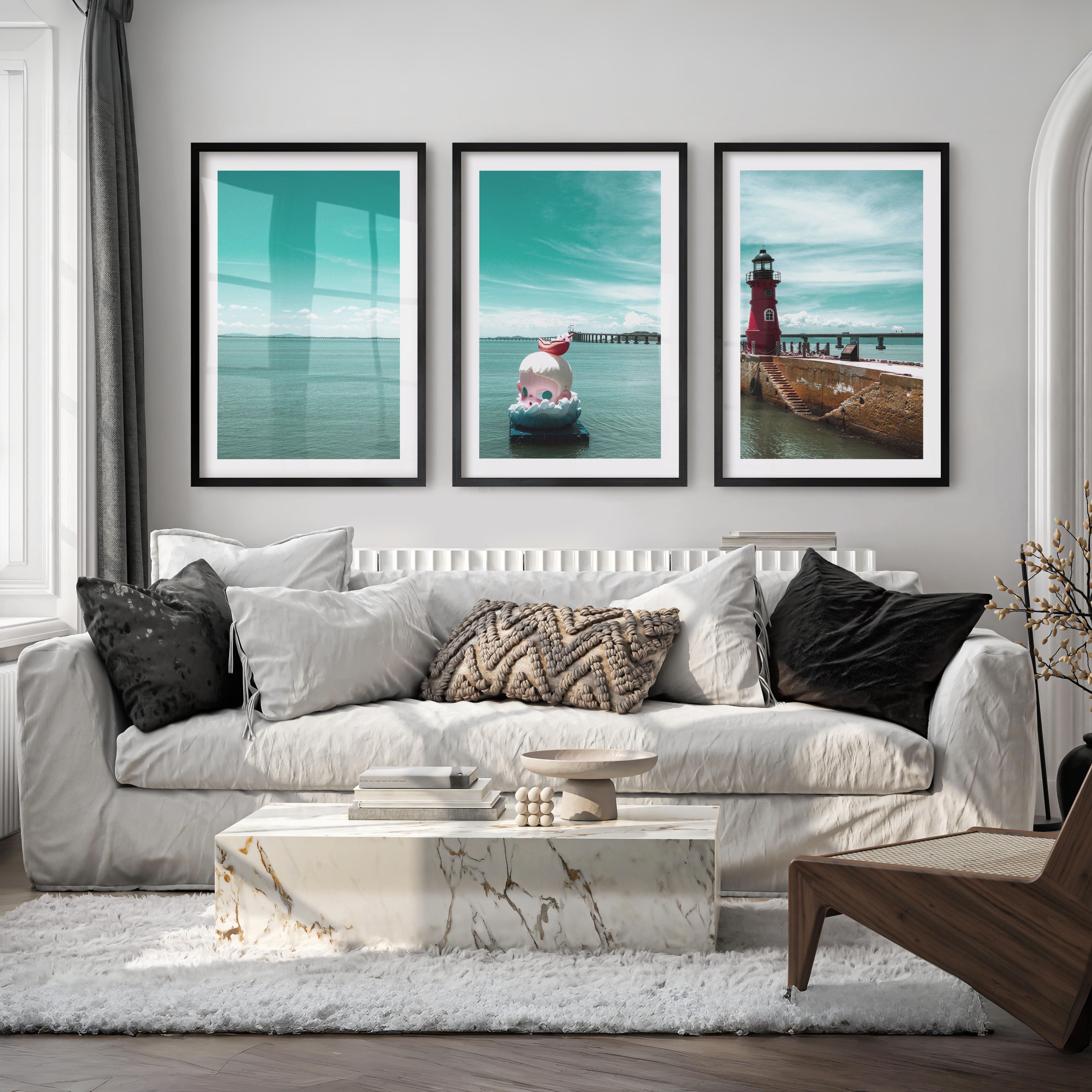 Red Lighthouse sea wall pictures on Calm Harbor Water - Black Framed Poster with White Border - Artworksets