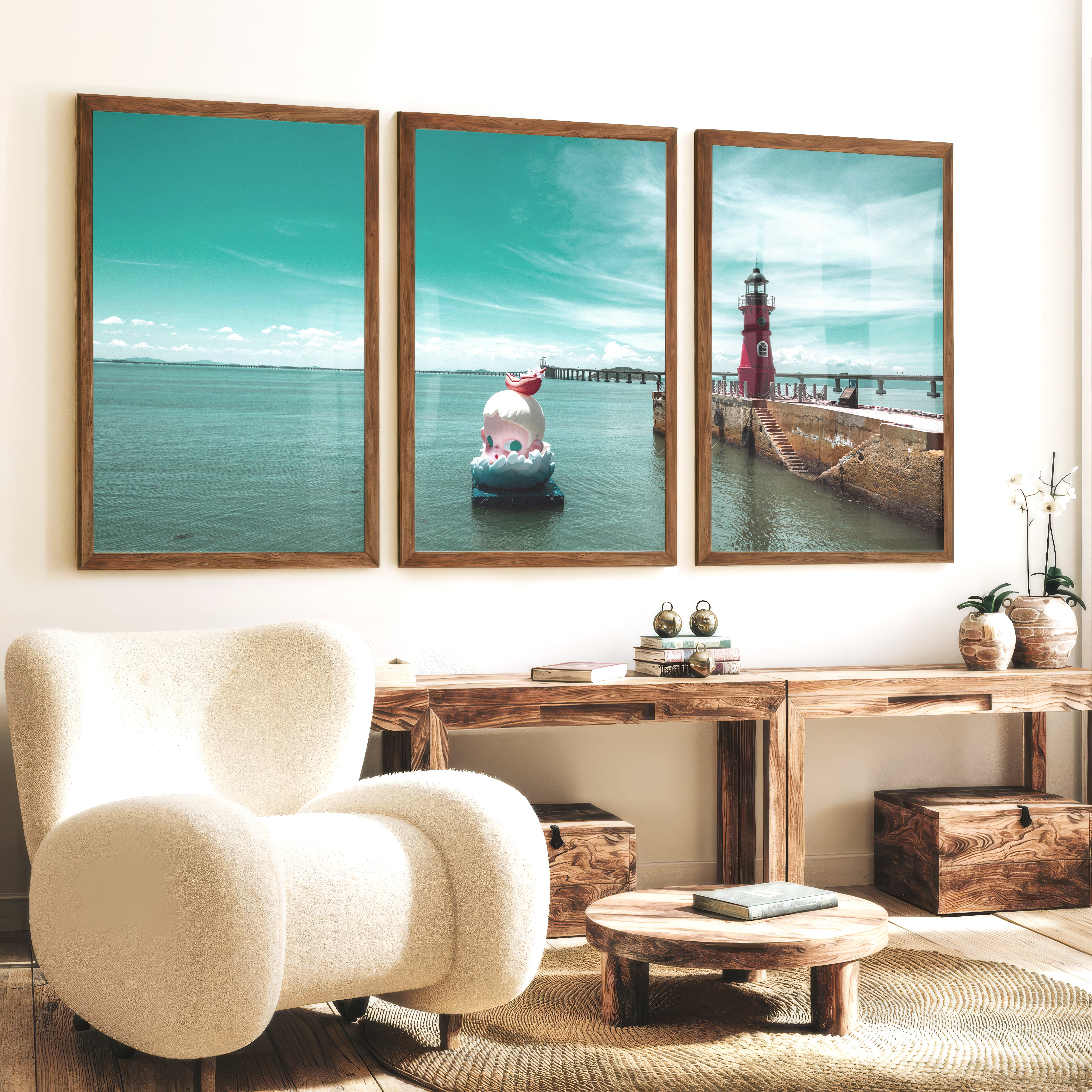 Red Lighthouse sea wall pictures on Calm Harbor Water - Dark Brown Framed Poster No Border - Artworksets