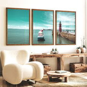 Red Lighthouse sea wall pictures on Calm Harbor Water - Dark Brown Framed Poster No Border - Artworksets