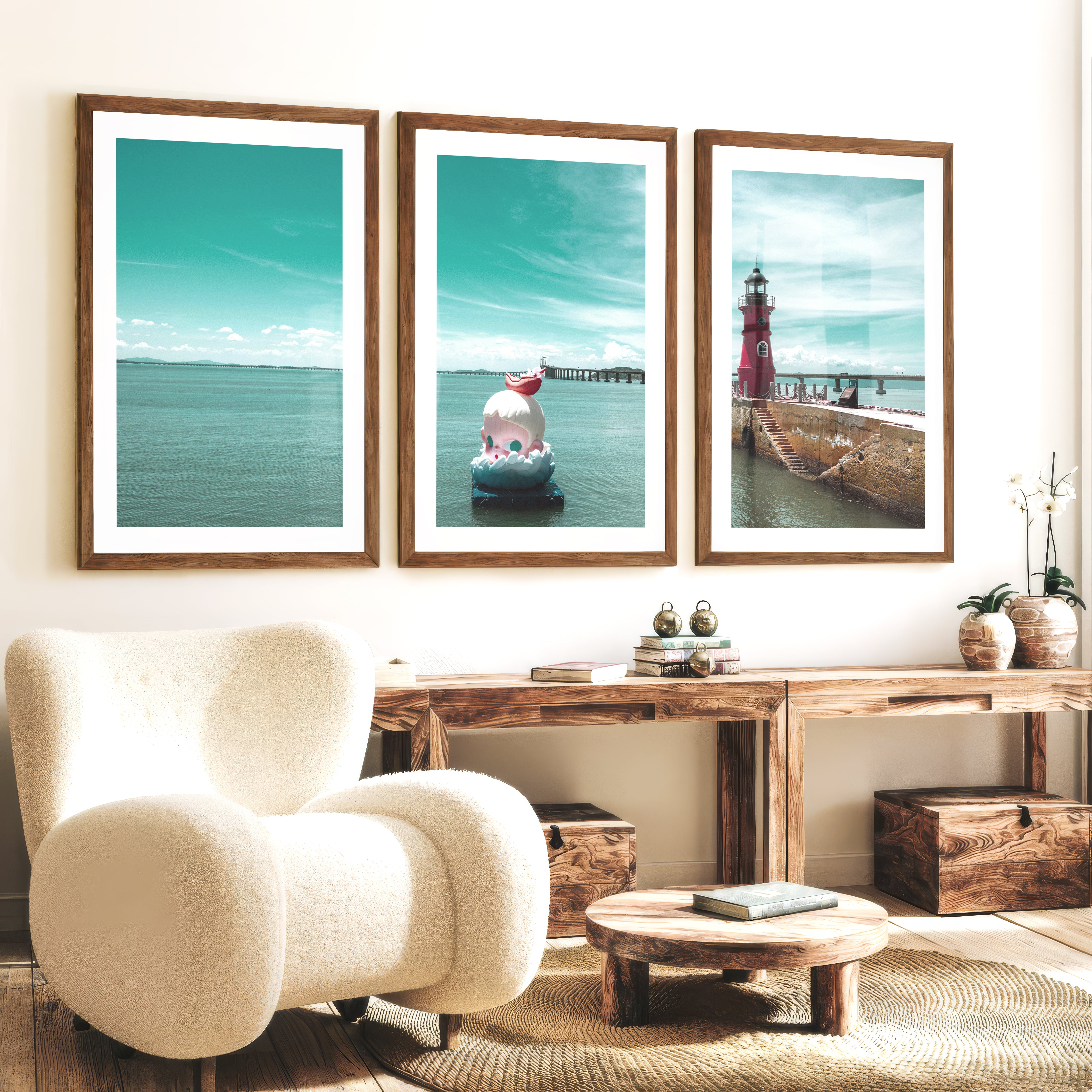 Red Lighthouse sea wall pictures on Calm Harbor Water - Dark Brown Framed Poster with White Border - Artworksets