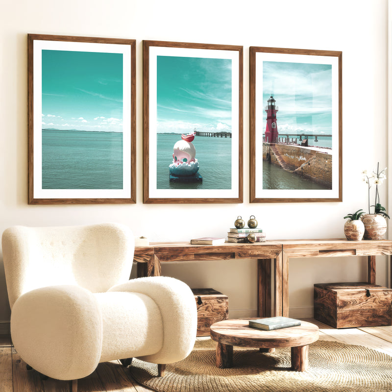 Red Lighthouse sea wall pictures on Calm Harbor Water - Dark Brown Framed Poster with White Border - Artworksets