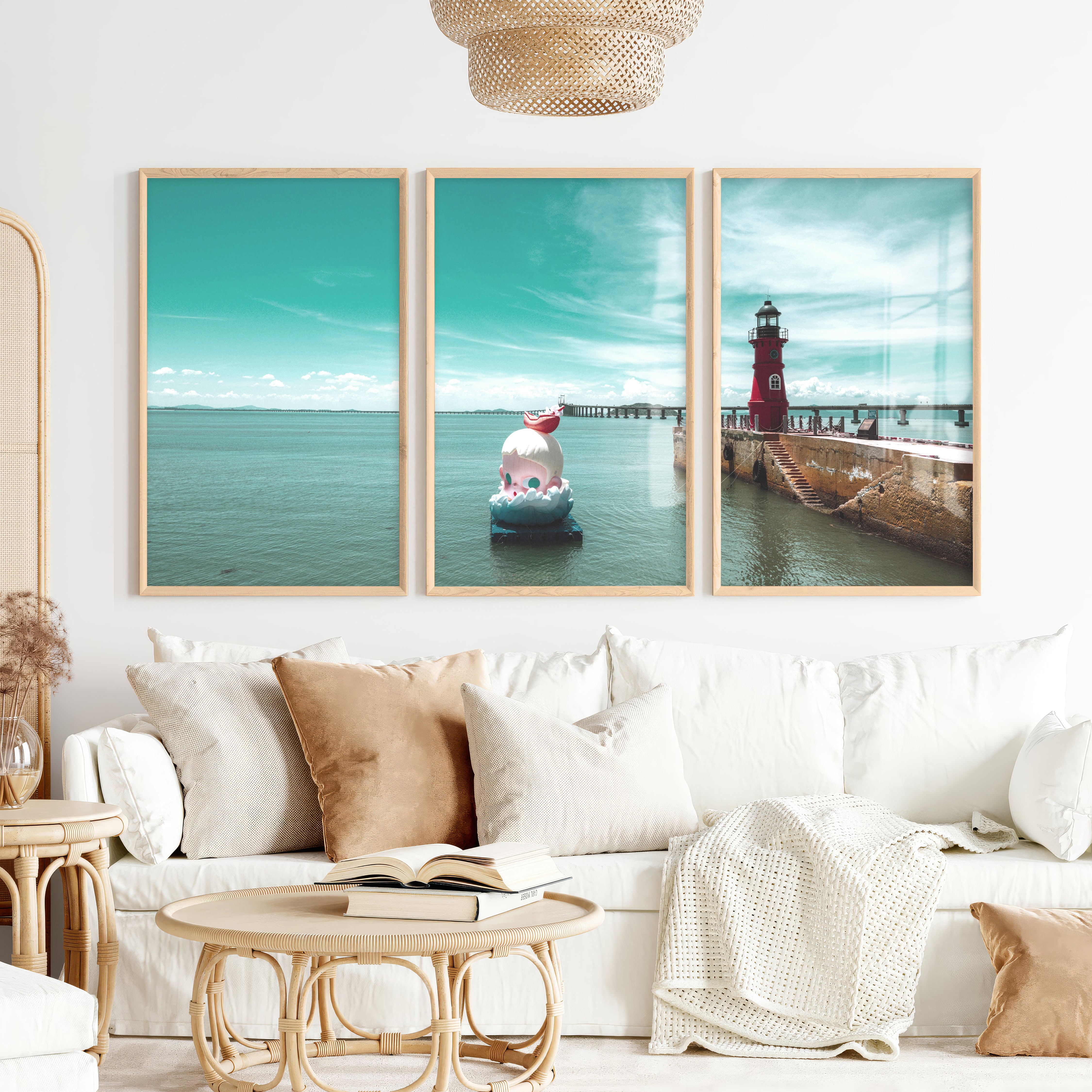 Red Lighthouse sea wall pictures on Calm Harbor Water - Natural Wood Framed Poster No Border - Artworksets