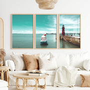 Red Lighthouse sea wall pictures on Calm Harbor Water - Natural Wood Framed Poster No Border - Artworksets