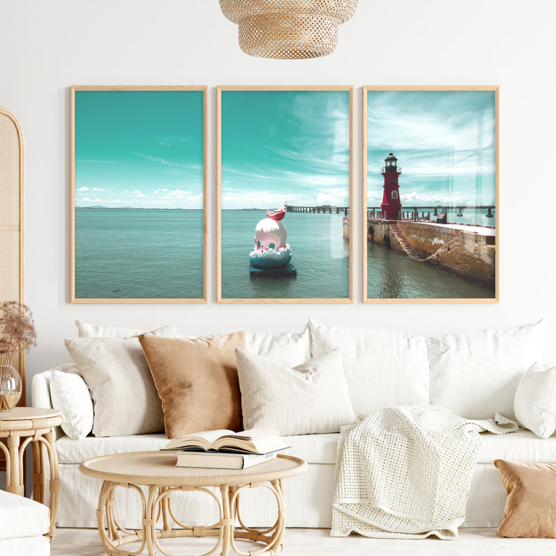 Red Lighthouse sea wall pictures on Calm Harbor Water - Natural Wood Framed Poster No Border - Artworksets
