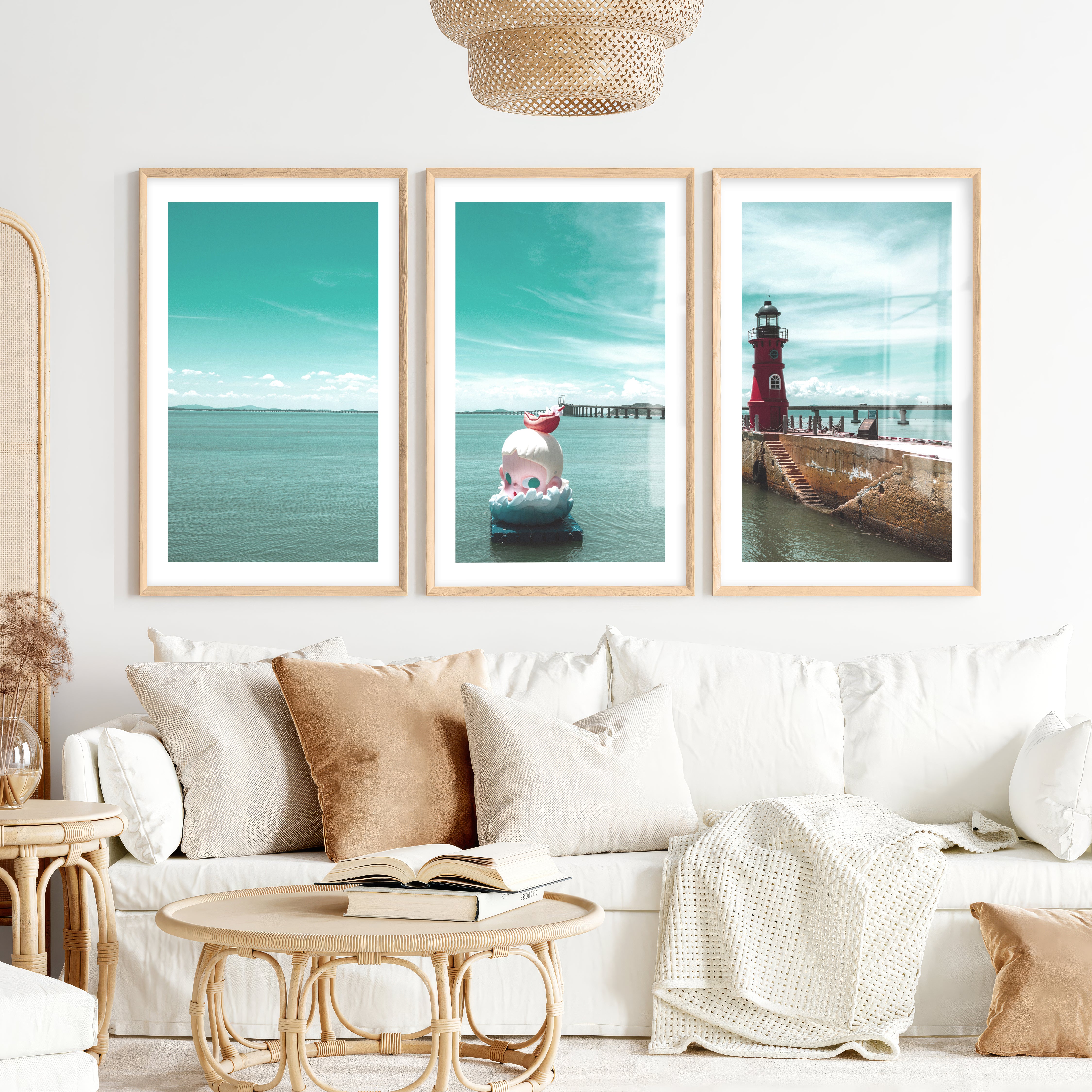 Red Lighthouse sea wall pictures on Calm Harbor Water- Natural Wood Framed Poster with White Border - Artworksets