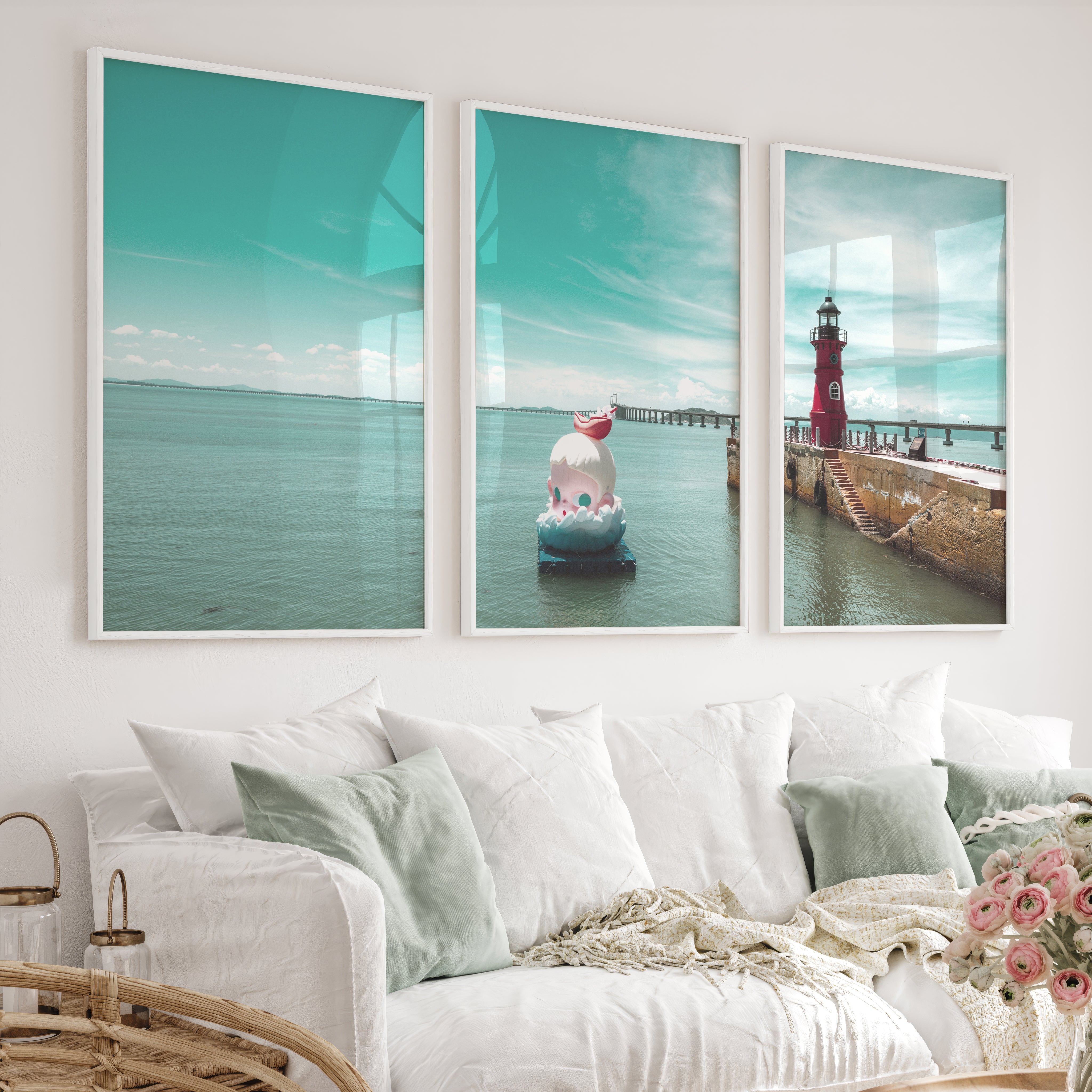 Red Lighthouse sea wall pictures on Calm Harbor Water - White Framed Poster No Border - Artworksets