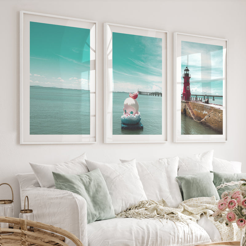Red Lighthouse sea wall pictures on Calm Harbor Water - White Framed Poster with White Border - Artworksets