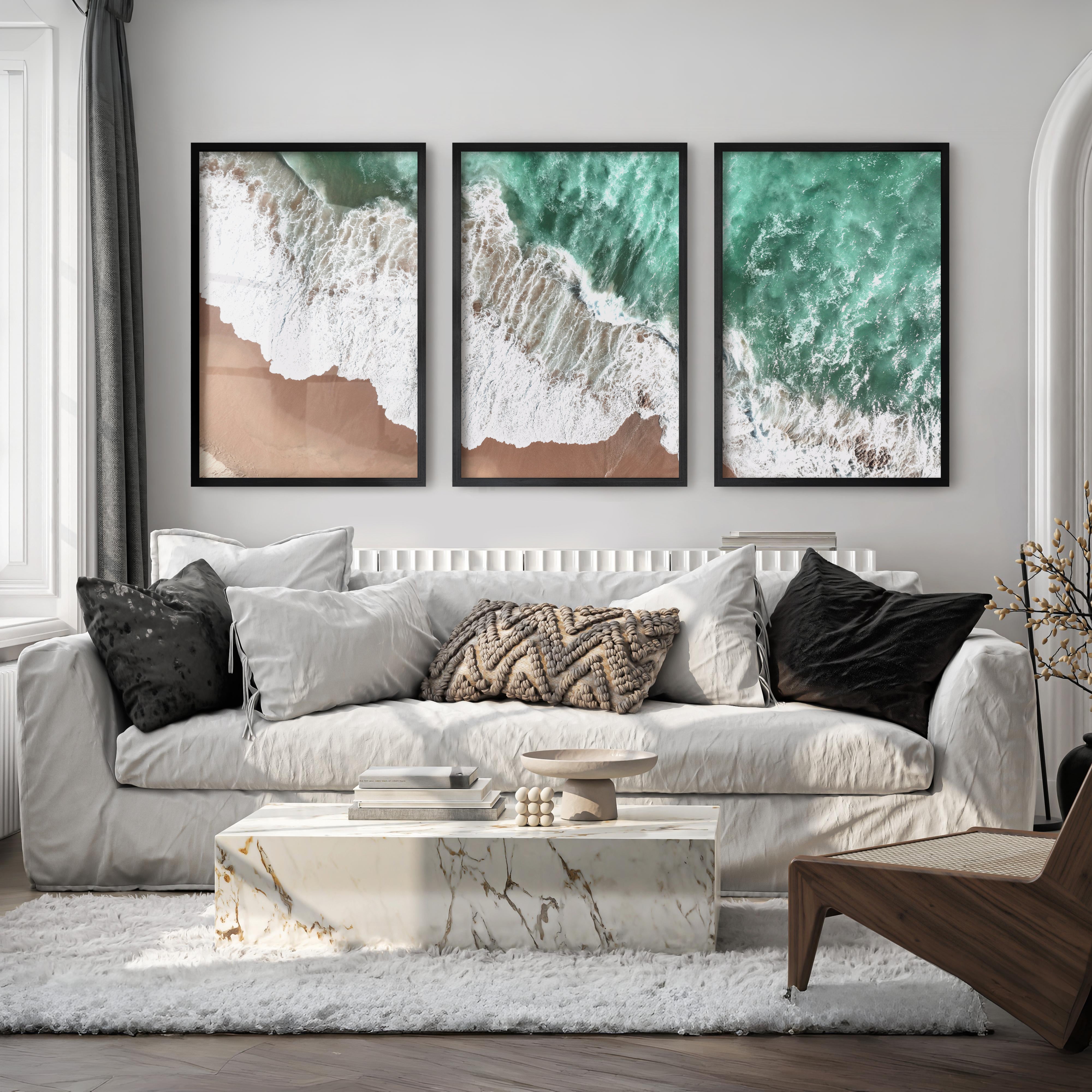 Aerial Surf sea wave wall art over Golden Sand - Black Framed Poster No Border - Artworksets