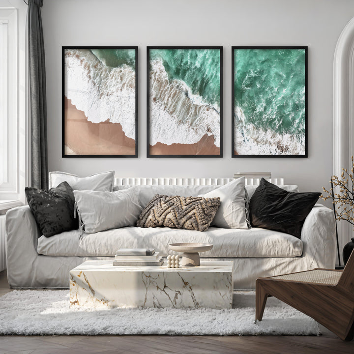 Aerial Surf sea wave wall art over Golden Sand - Black Framed Poster No Border - Artworksets