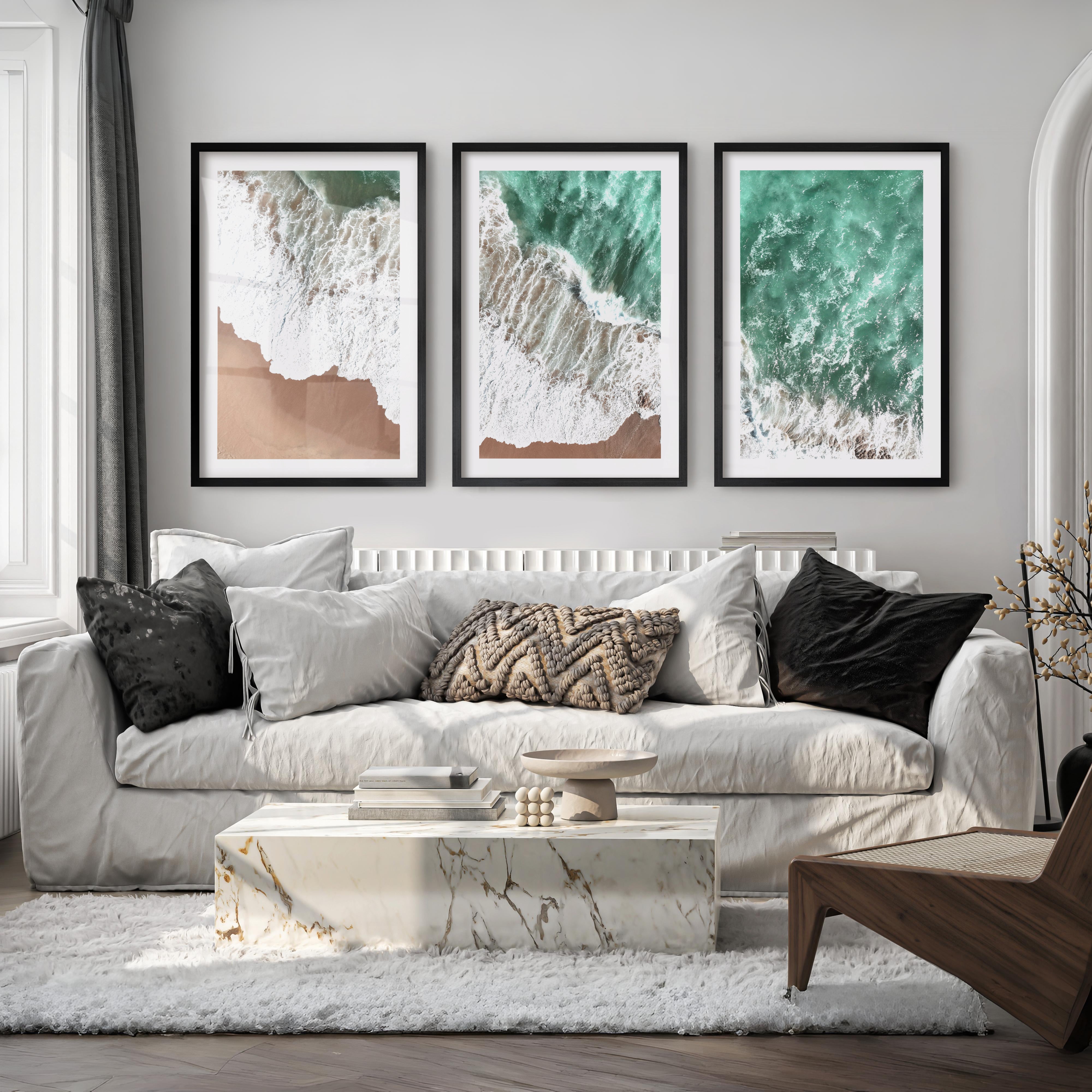 Aerial Surf sea wave wall art over Golden Sand - Black Framed Poster with White Border - Artworksets