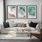 Aerial Surf sea wave wall art over Golden Sand - Black Framed Poster with White Border - Artworksets