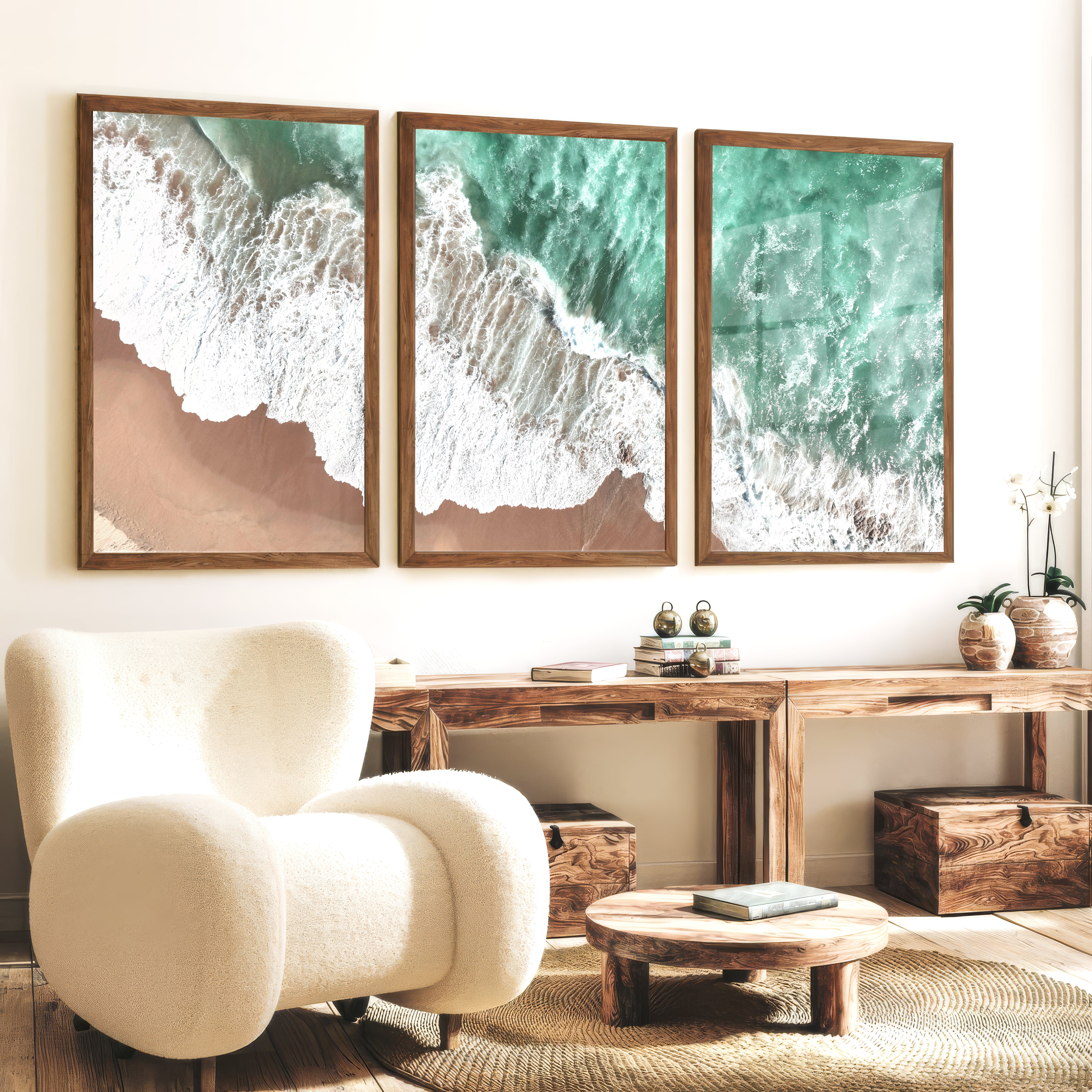 Aerial Surf sea wave wall art over Golden Sand - Dark Brown Framed Poster No Border - Artworksets