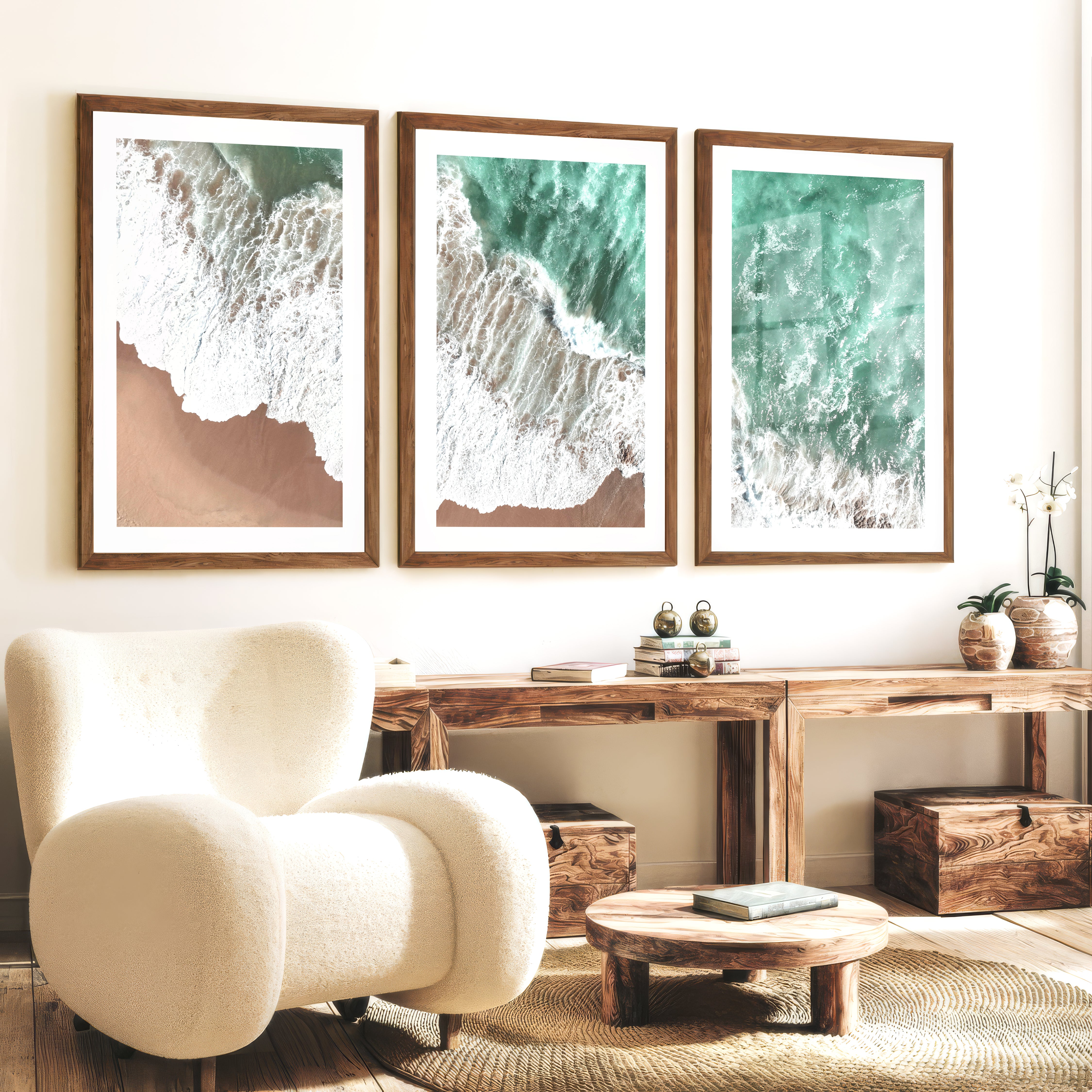 Aerial Surf sea wave wall art over Golden Sand - Dark Brown Framed Poster with White Border - Artworksets