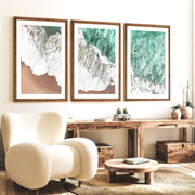 Aerial Surf sea wave wall art over Golden Sand - Dark Brown Framed Poster with White Border - Artworksets
