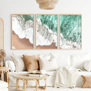 Aerial Surf sea wave wall art over Golden Sand - Natural Wood Framed Poster No Border - Artworksets