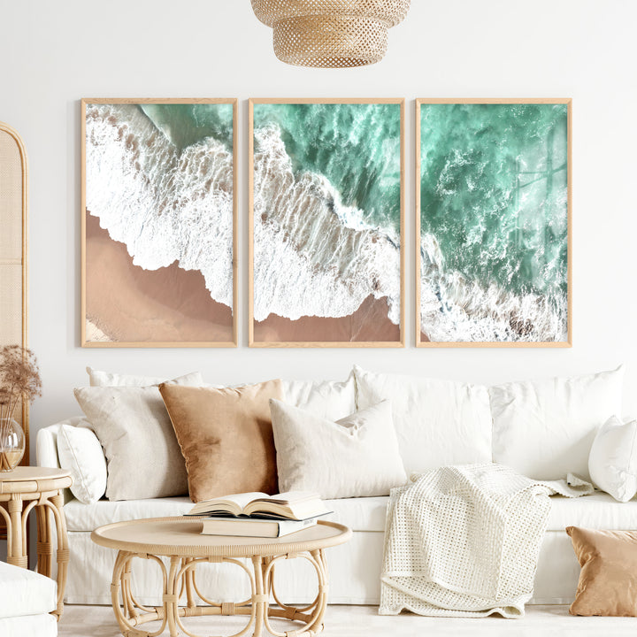 Aerial Surf sea wave wall art over Golden Sand - Natural Wood Framed Poster No Border - Artworksets