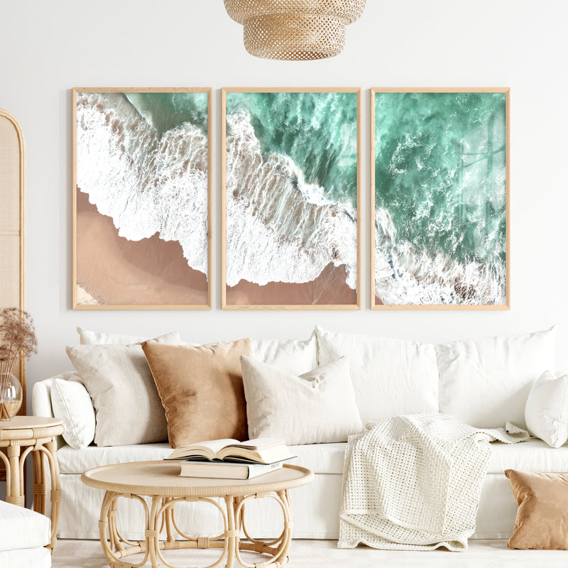 Aerial Surf sea wave wall art over Golden Sand - Natural Wood Framed Poster No Border - Artworksets