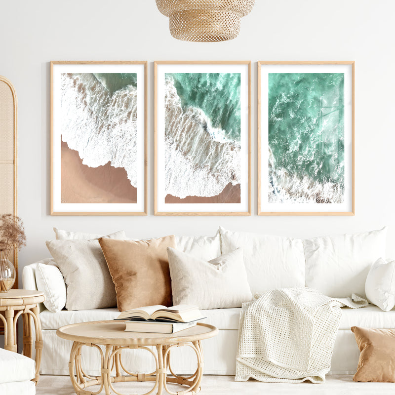 Aerial Surf sea wave wall art over Golden Sand- Natural Wood Framed Poster with White Border - Artworksets