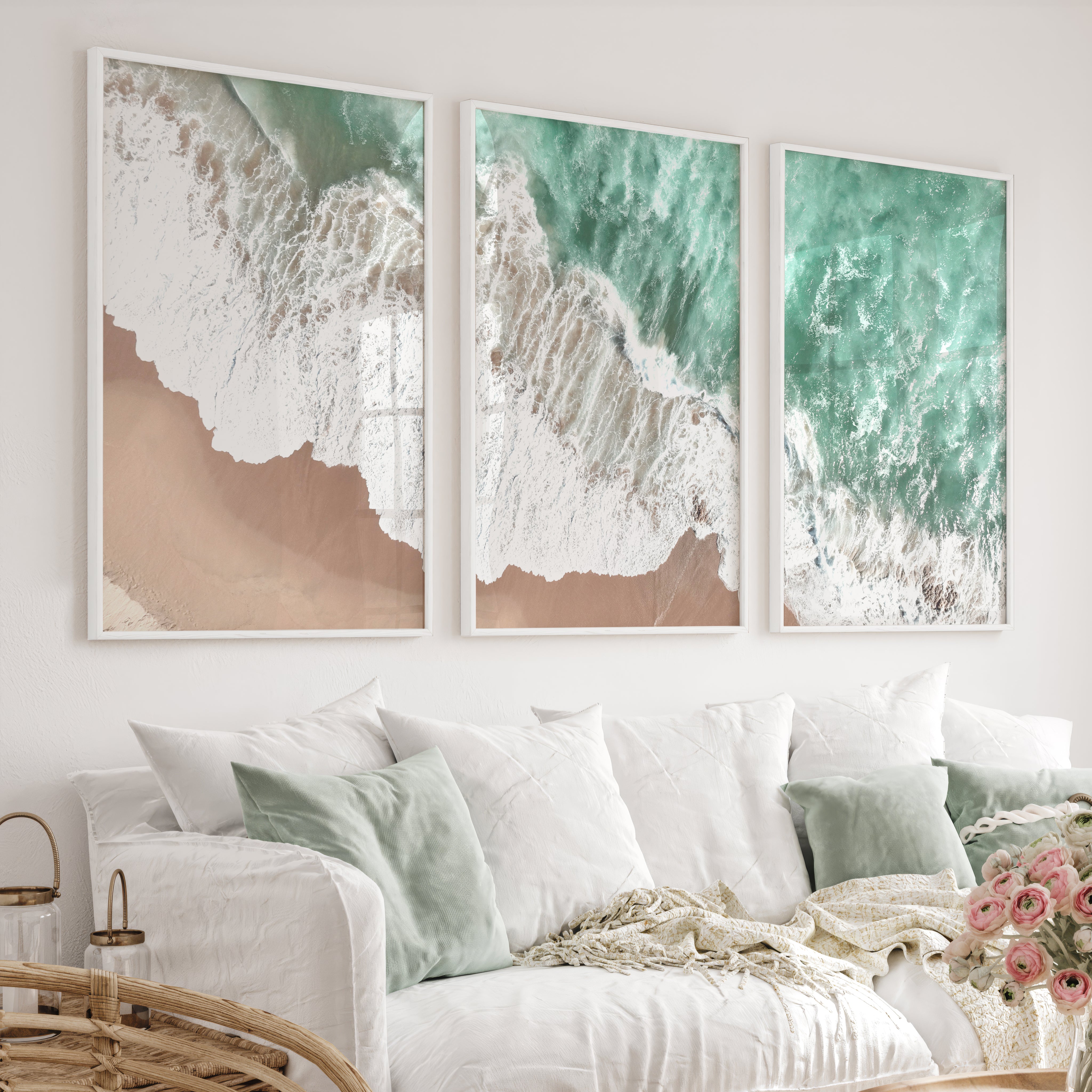 Aerial Surf sea wave wall art over Golden Sand - White Framed Poster No Border - Artworksets