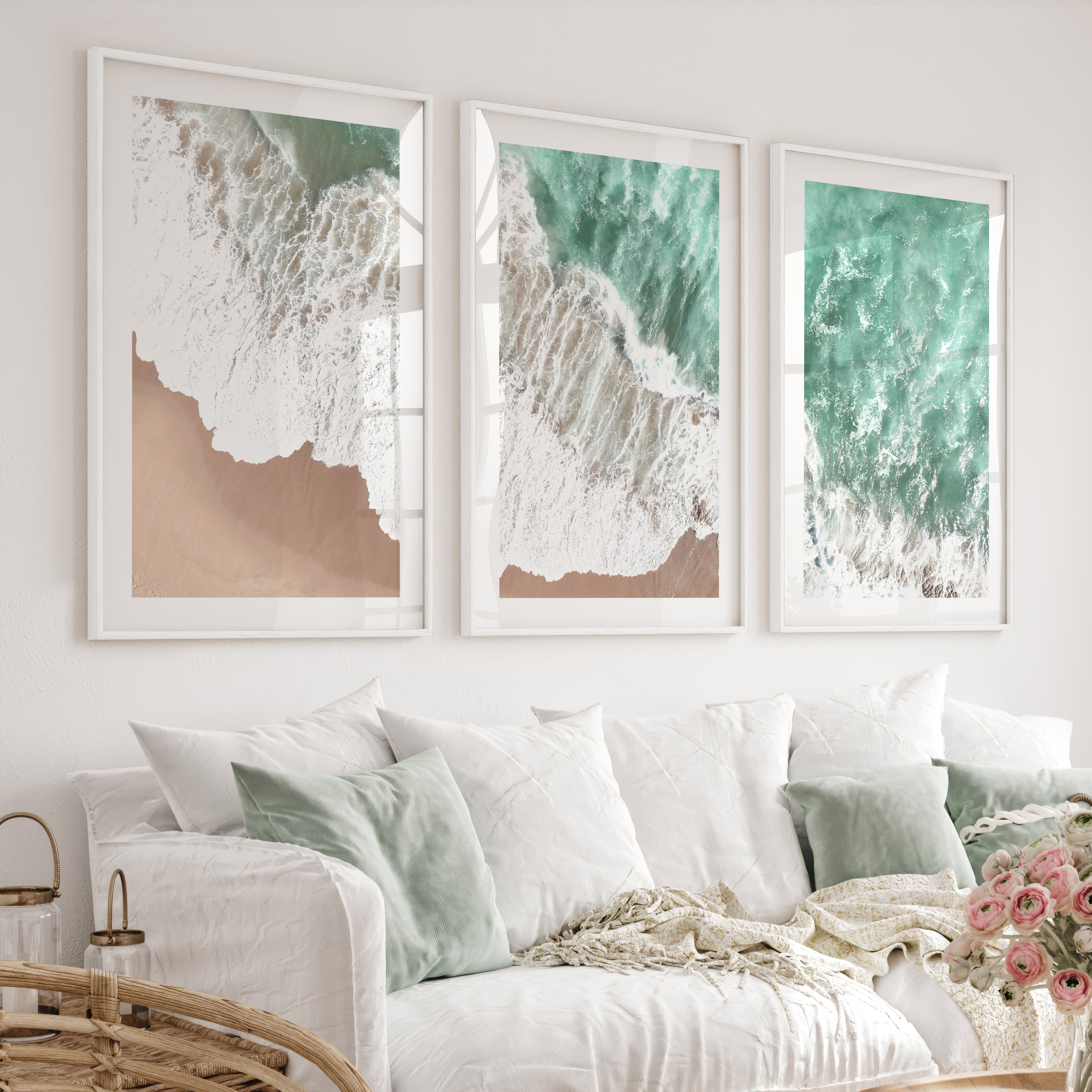 Aerial Surf sea wave wall art over Golden Sand - White Framed Poster with White Border - Artworksets