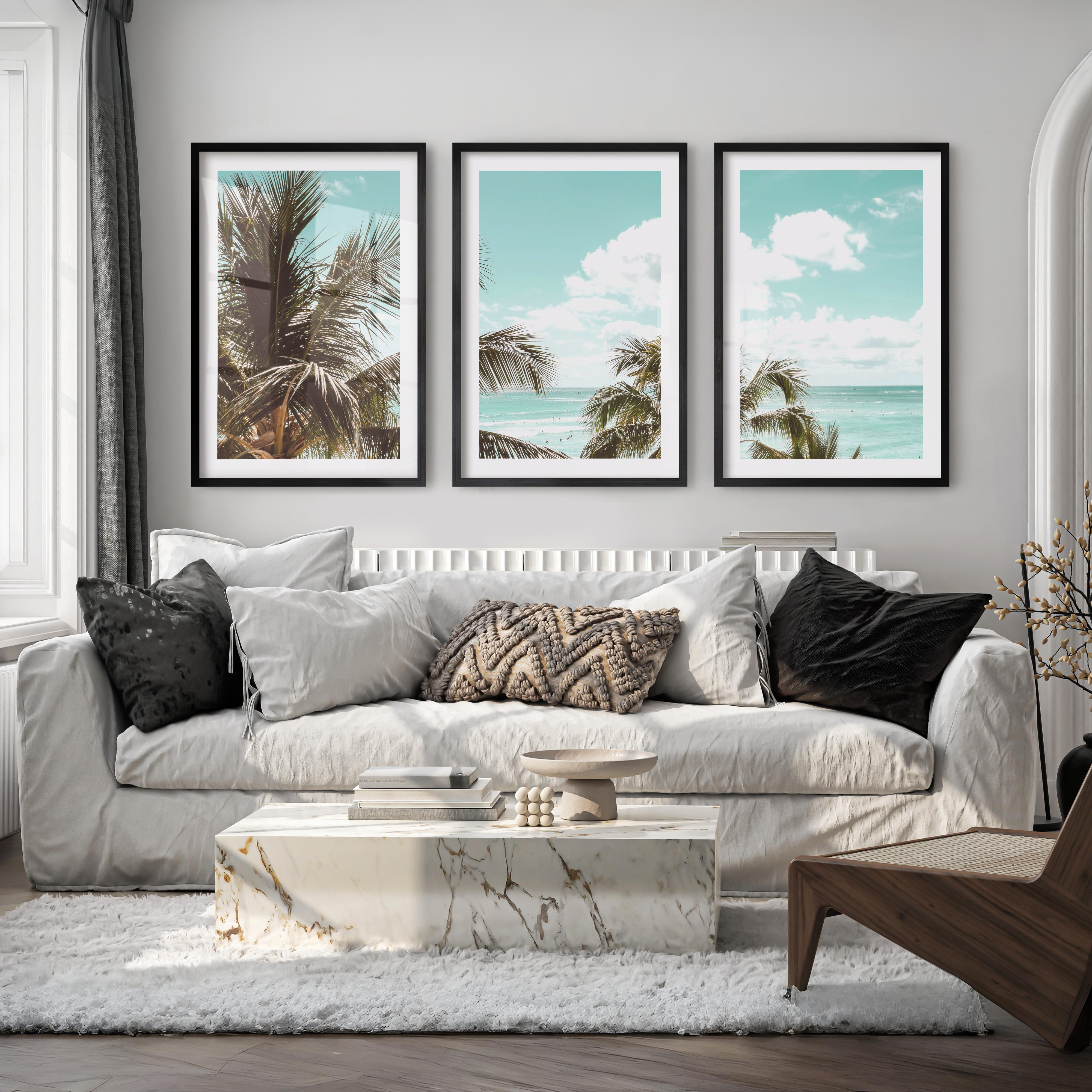 Palm Ocean View Seashore Wall Art - Black Framed Poster with White Border - Artworksets