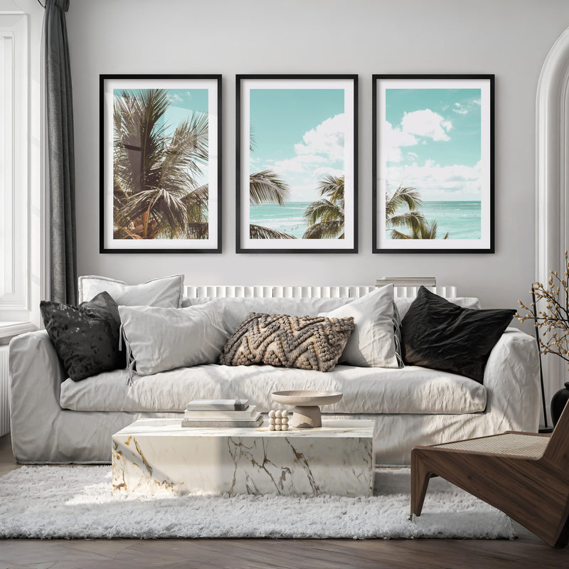 Palm Ocean View Seashore Wall Art - Black Framed Poster with White Border - Artworksets