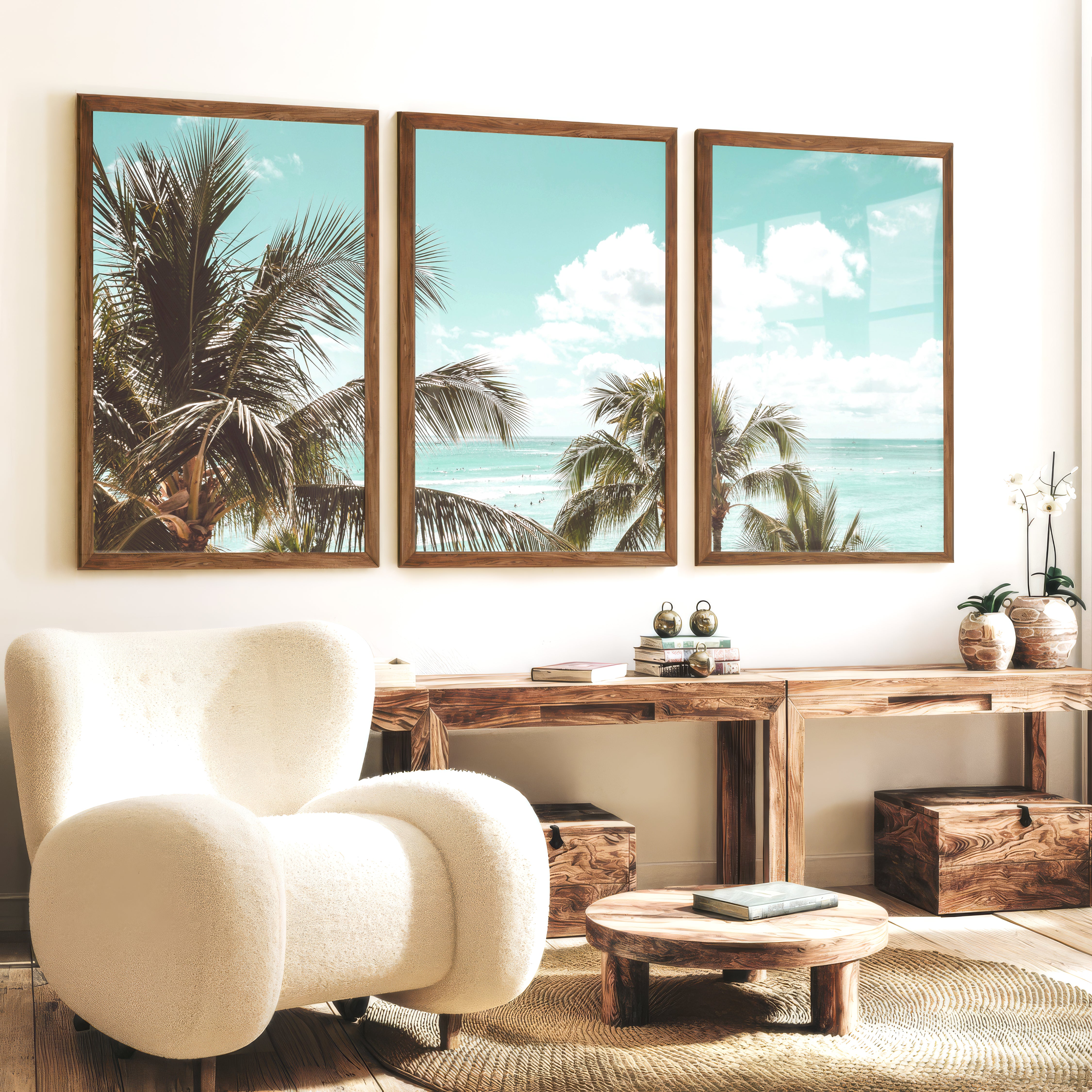 Palm Ocean View Seashore Wall Art - Dark Brown Framed Poster No Border - Artworksets