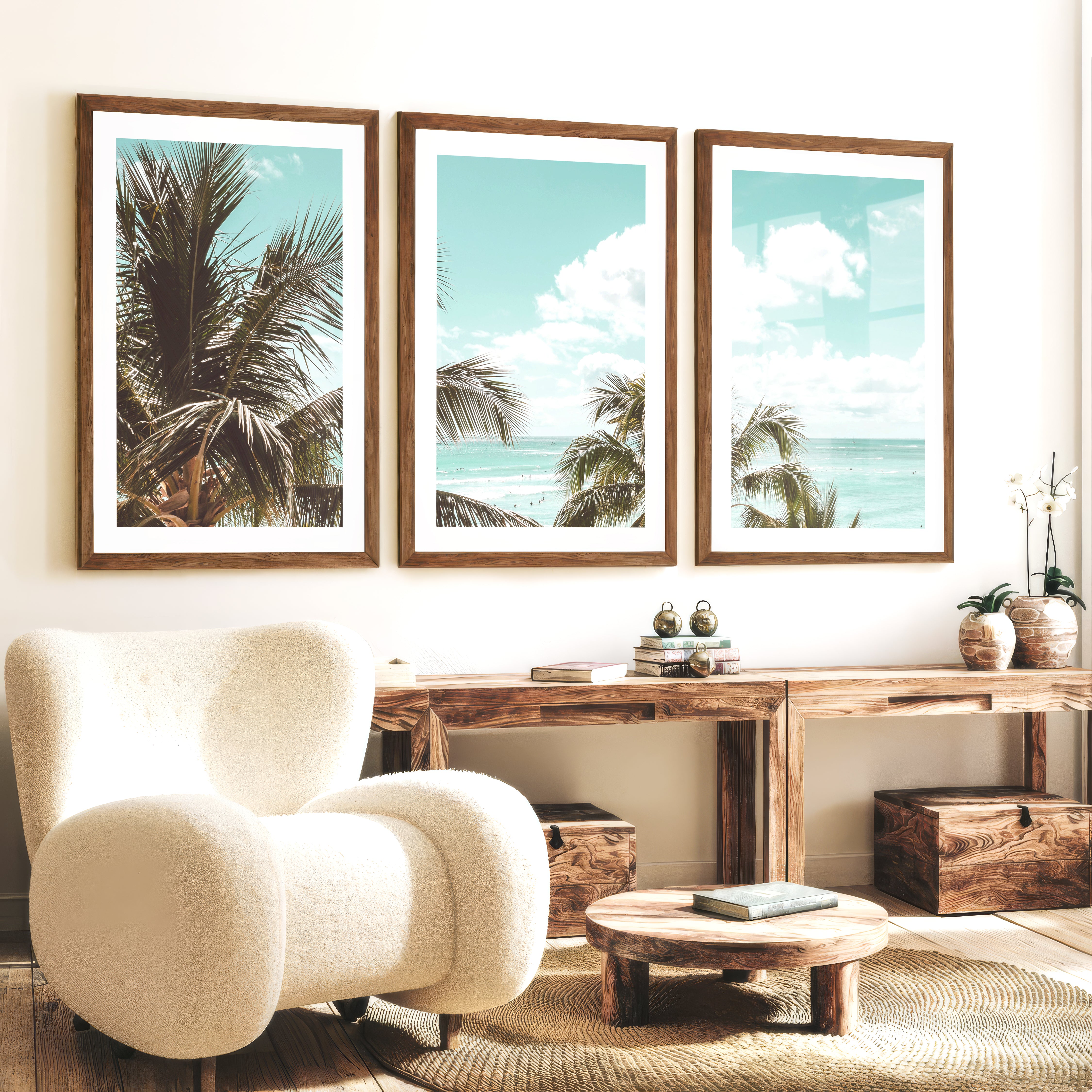 Palm Ocean View Seashore Wall Art - Dark Brown Framed Poster with White Border - Artworksets